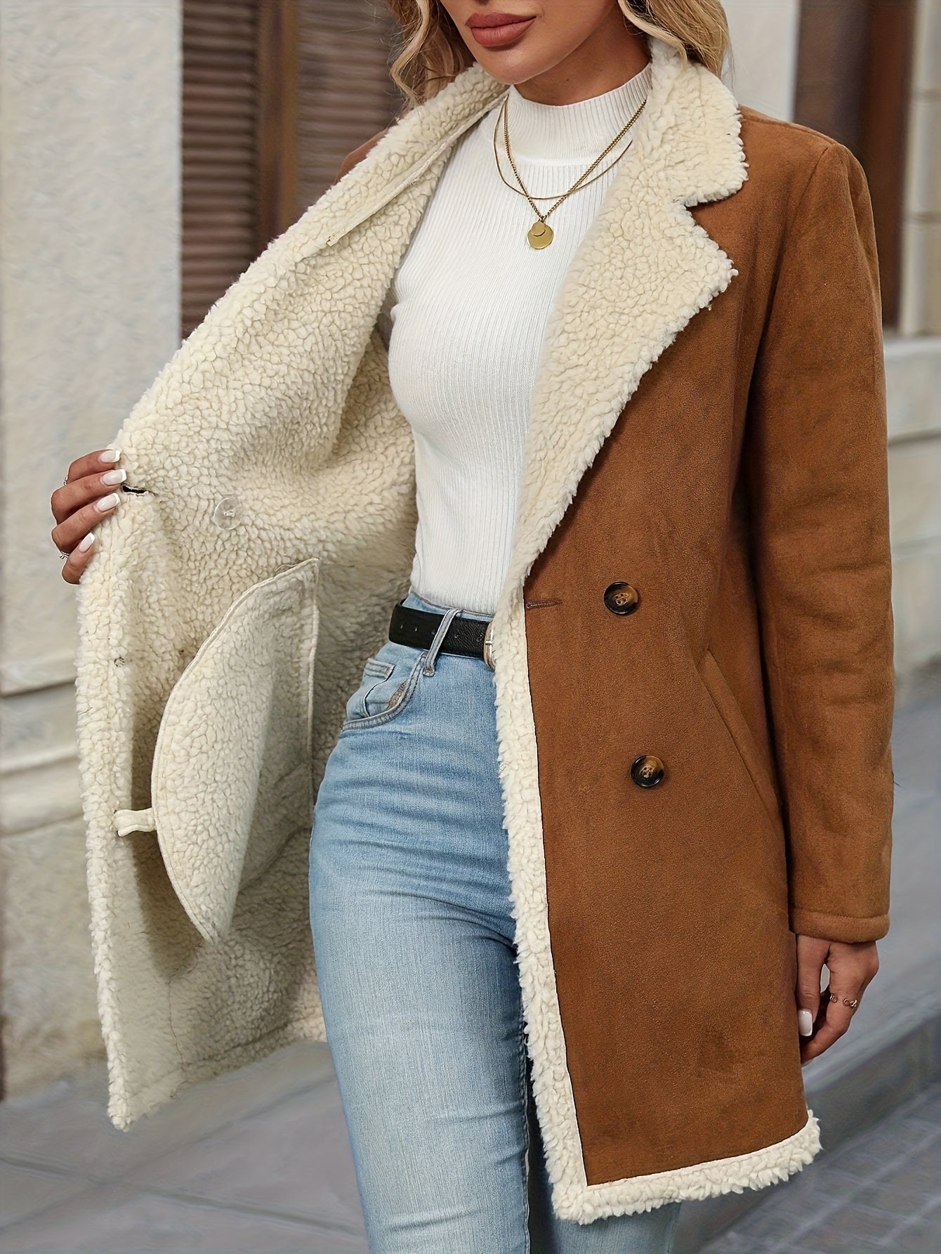 Lucy | Women’s Brown Double-Breasted Coat with Soft Lining