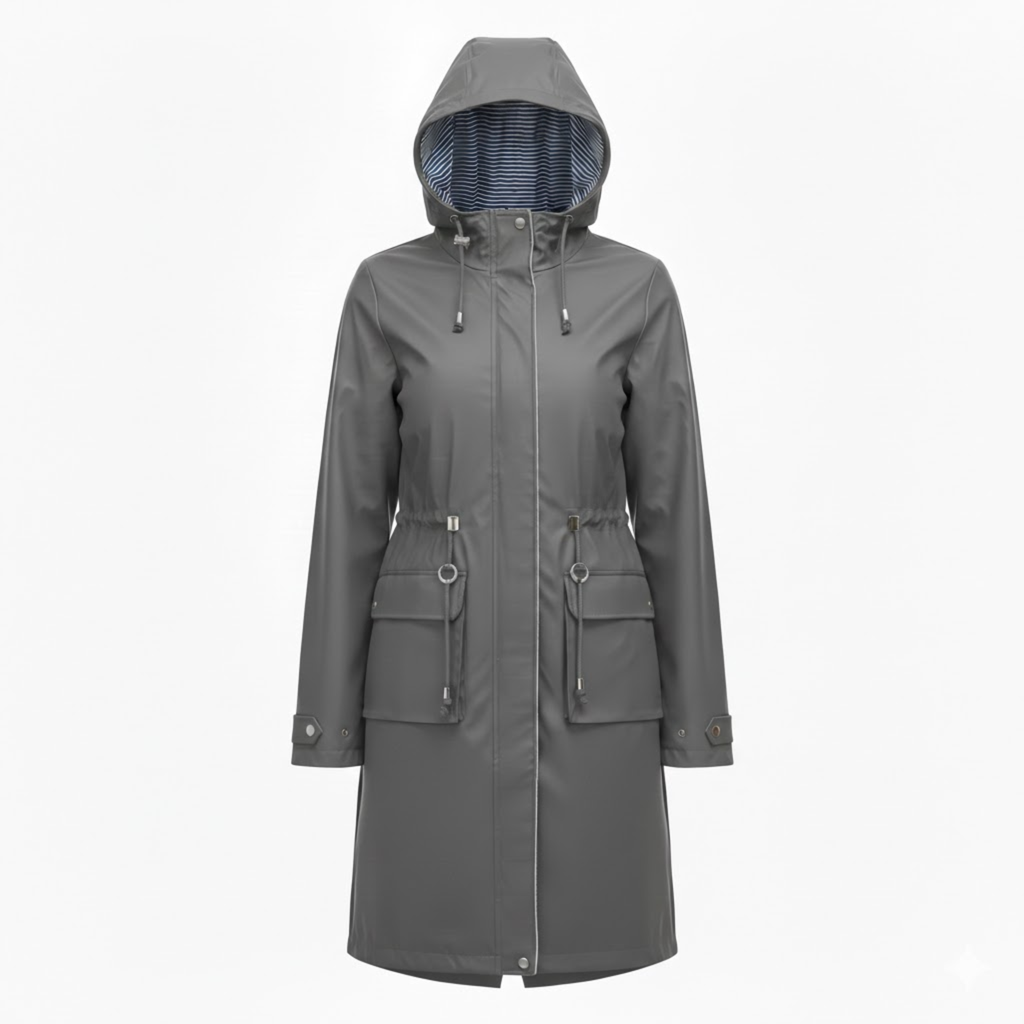 Lia | Women's Hooded Long Trench Coat Zipper Closure Full Sleeve Canvas Jacket with Pockets