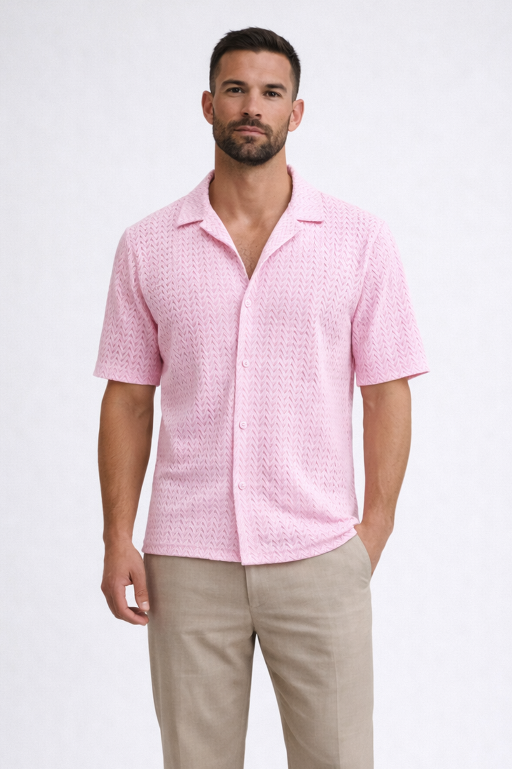 Liam | Men Short Sleeve Open Collar Chevron Textured Summer Shirt