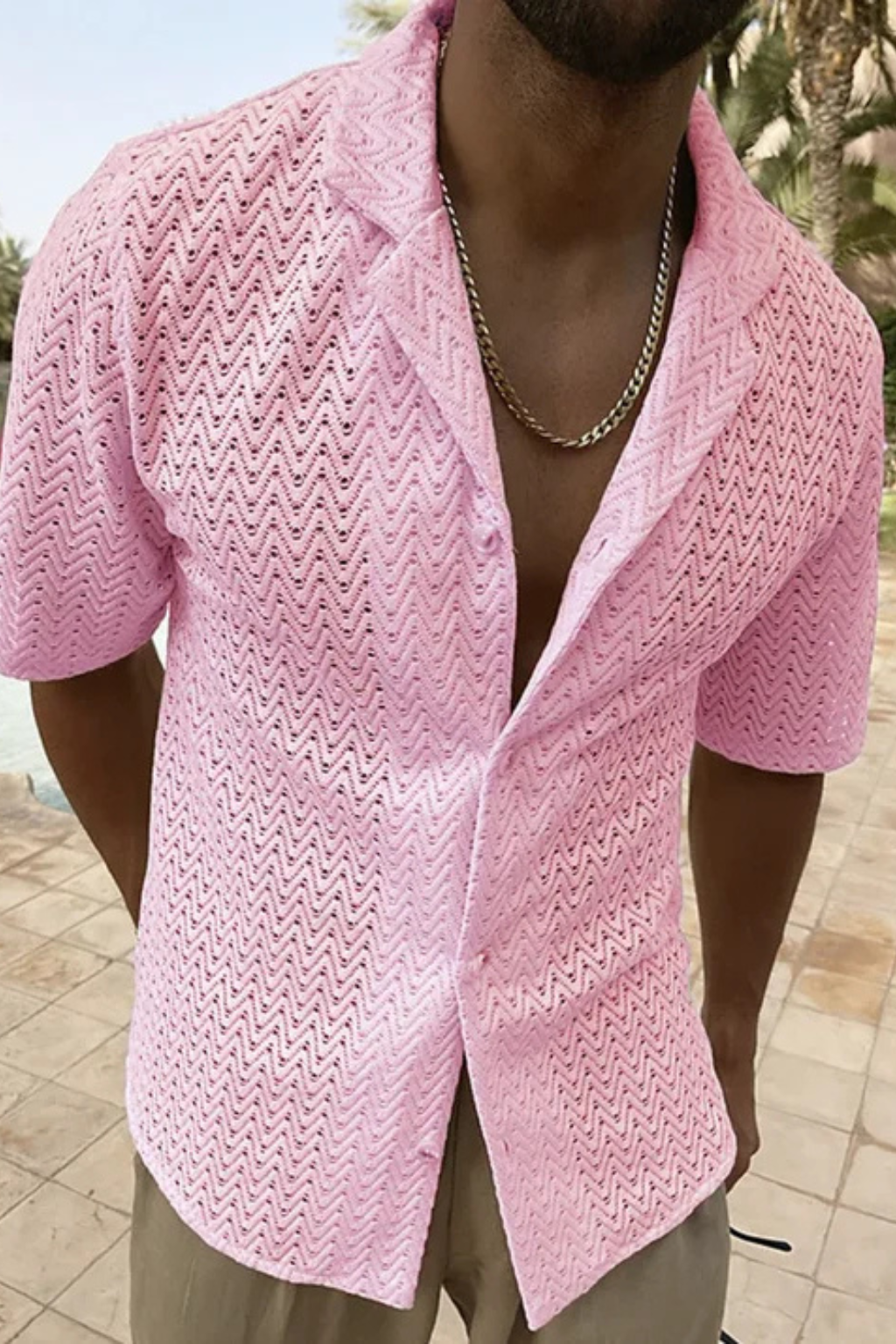 Liam | Men Short Sleeve Open Collar Chevron Textured Summer Shirt