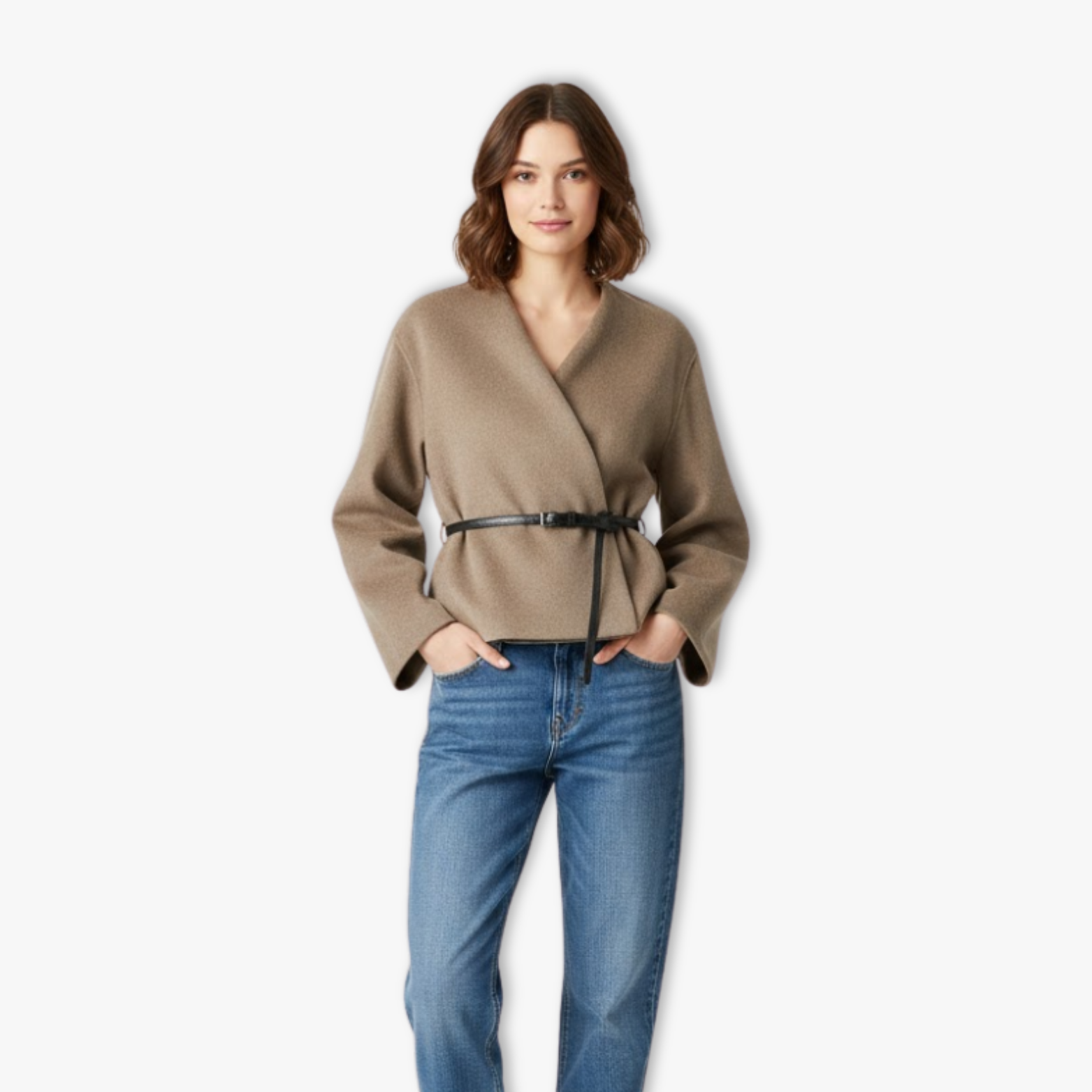 Lia | Women's V-Neck Wrap Jacket with Waist Belt Long Sleeve Soft Elegant Outerwear Coat