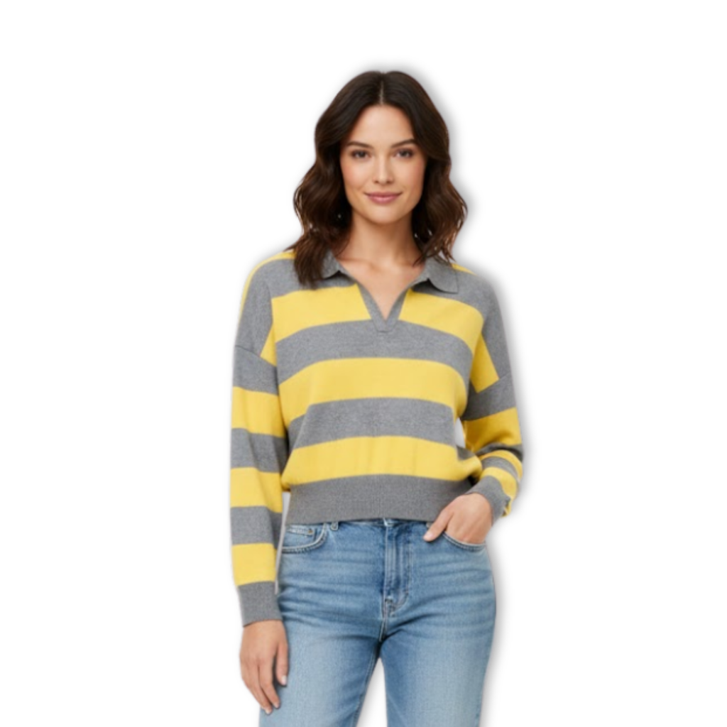 Lia | Woman Fashion Streetwear Loose Polo Collar Stripe Sweater Pullover