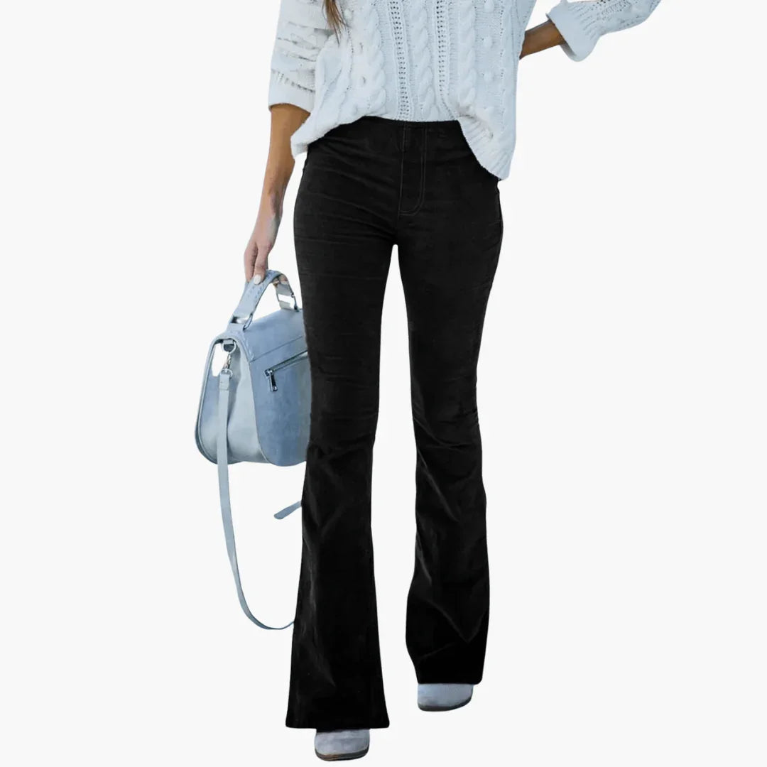 Women's Flared Corduroy Pants - High Waist Vintage Style - Elcevi