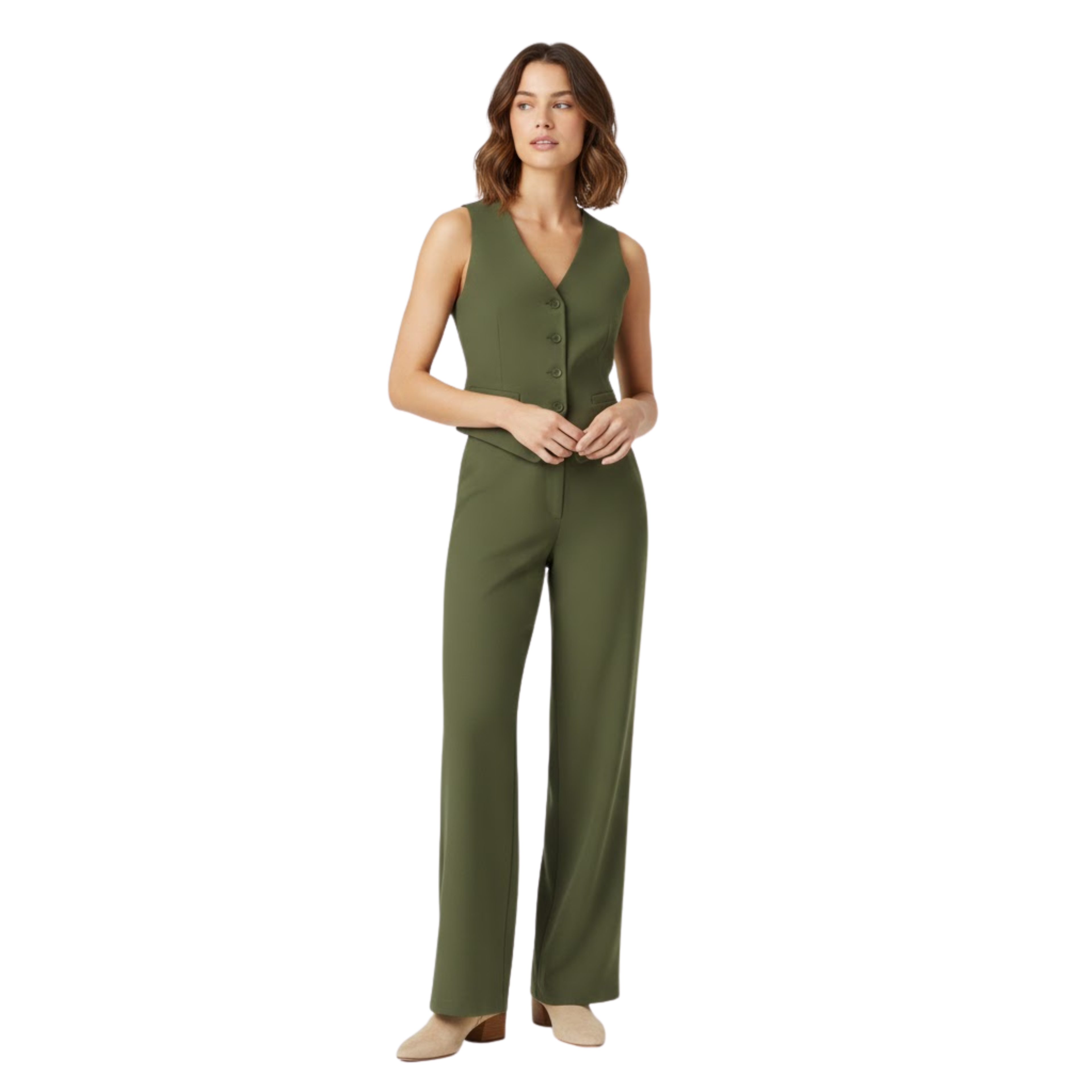 Lia | Women's Sleeveless V-Neck Waistcoat and High Waist Wide Leg Trouser Two Piece Set
