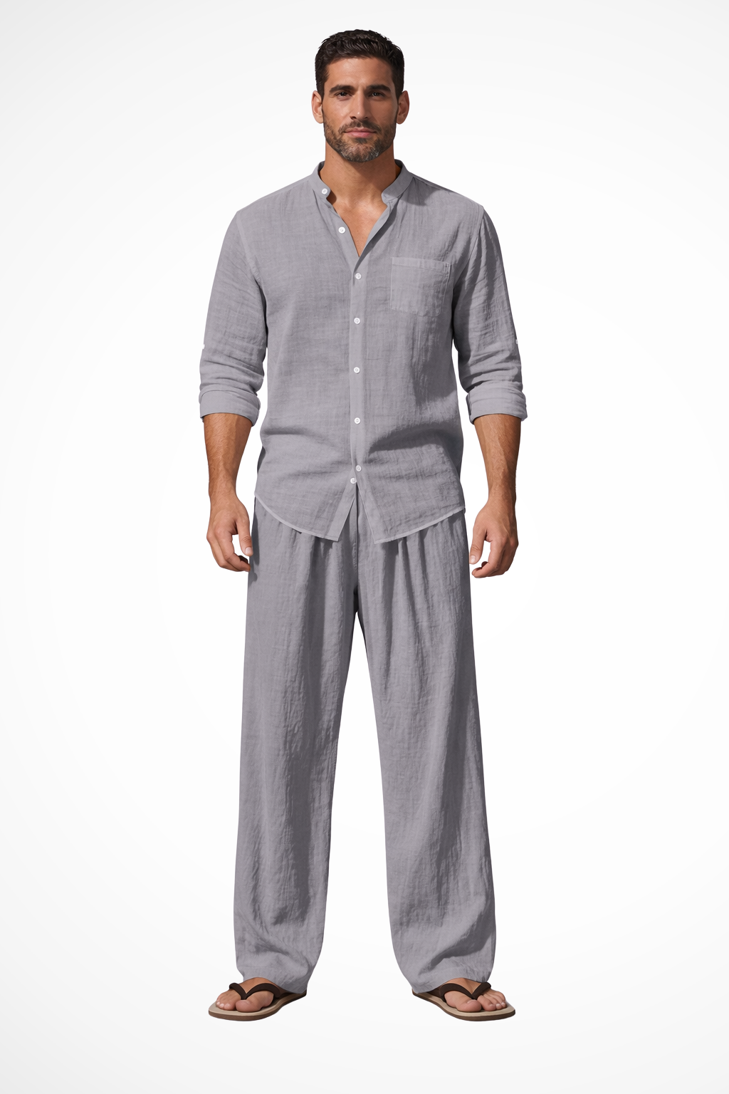 Liam | Men Grandad Collar Long Sleeve Linen Shirt and Straight Leg Trousers Set