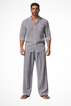 Liam | Men Grandad Collar Long Sleeve Linen Shirt and Straight Leg Trousers Set