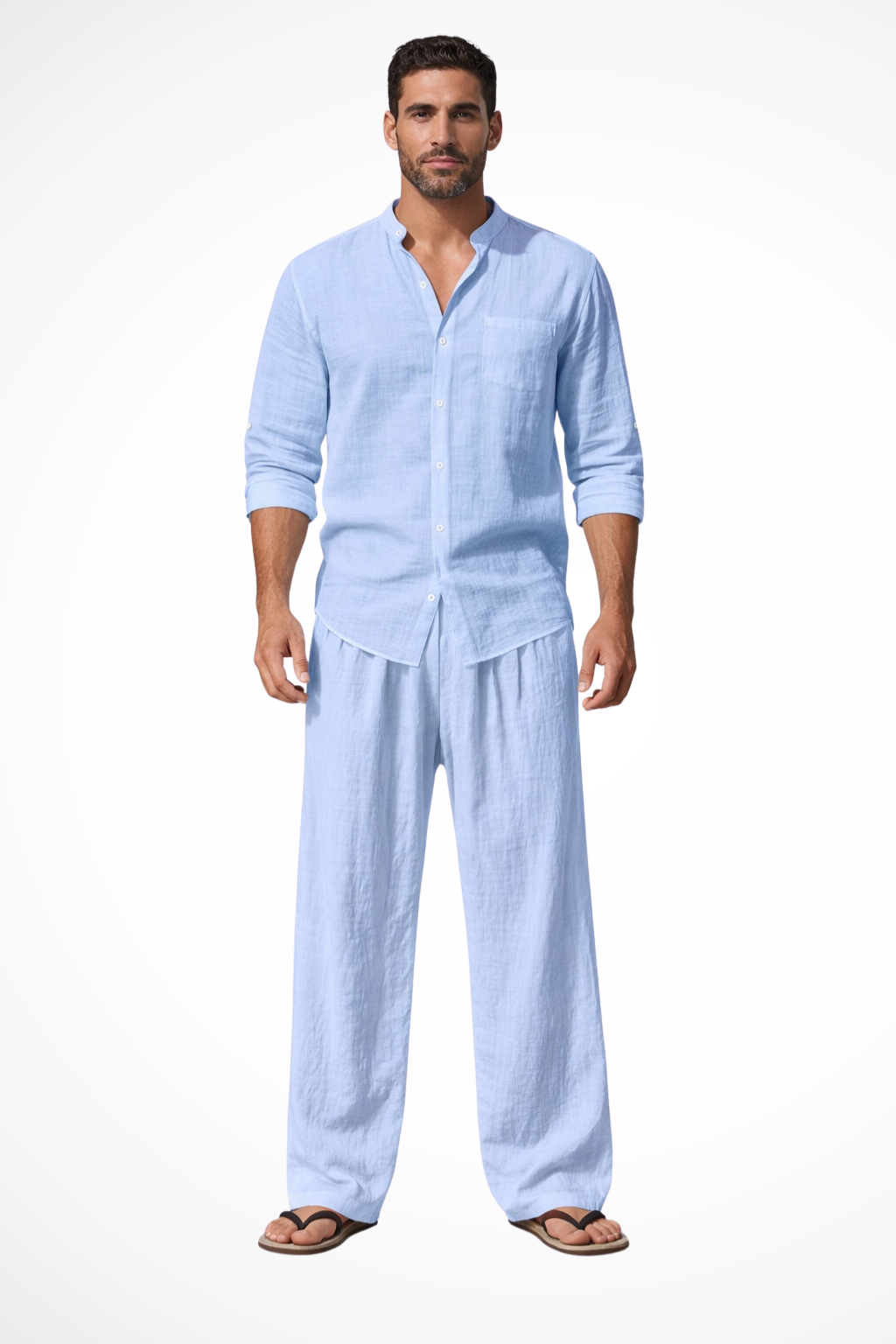 Liam | Men Grandad Collar Long Sleeve Linen Shirt and Straight Leg Trousers Set