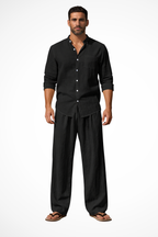 Liam | Men Grandad Collar Long Sleeve Linen Shirt and Straight Leg Trousers Set