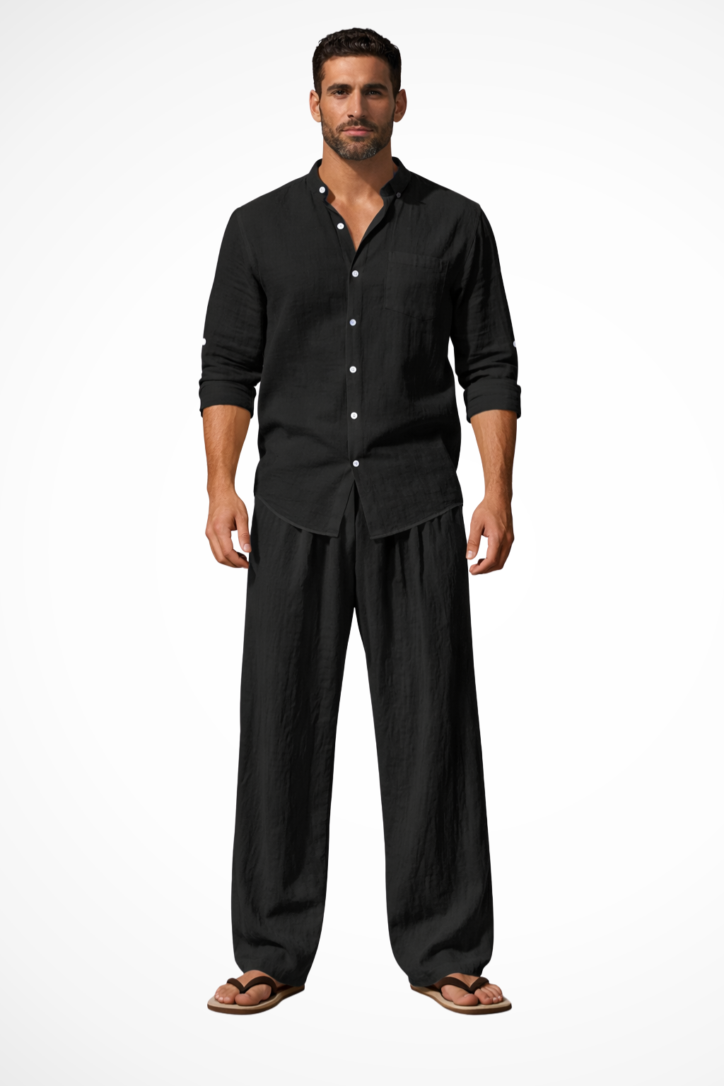 Liam | Men Grandad Collar Long Sleeve Linen Shirt and Straight Leg Trousers Set