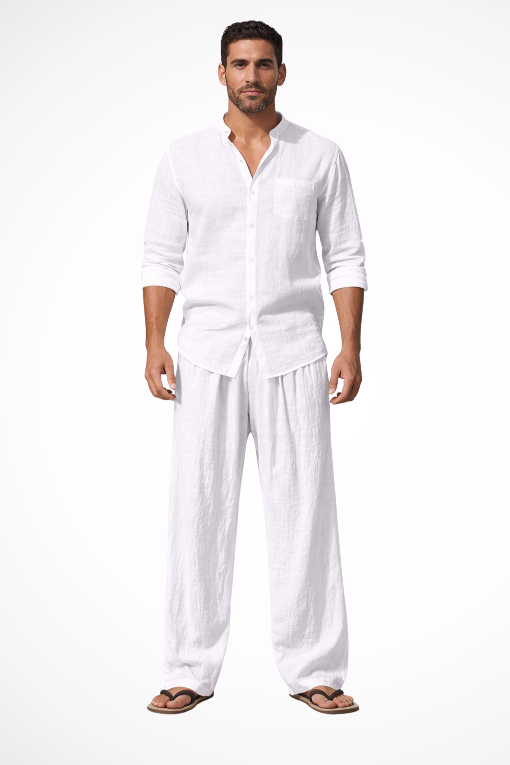 Liam | Men Grandad Collar Long Sleeve Linen Shirt and Straight Leg Trousers Set
