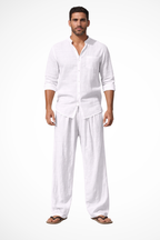 Liam | Men Grandad Collar Long Sleeve Linen Shirt and Straight Leg Trousers Set