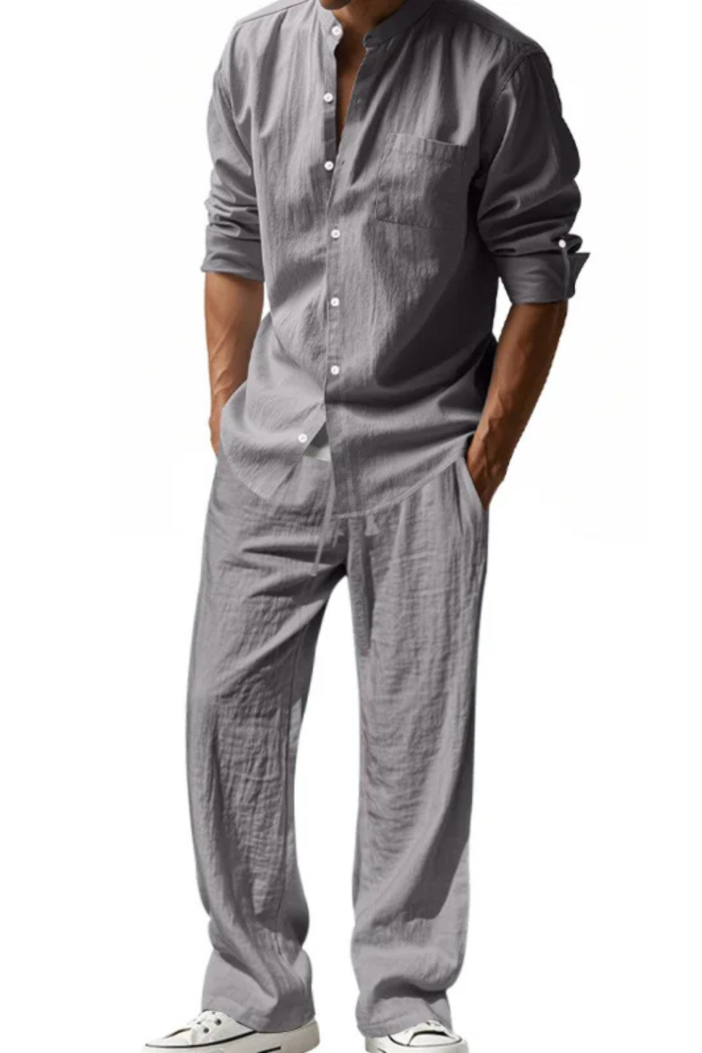 Liam | Men Grandad Collar Long Sleeve Linen Shirt and Straight Leg Trousers Set