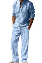 Liam | Men Grandad Collar Long Sleeve Linen Shirt and Straight Leg Trousers Set