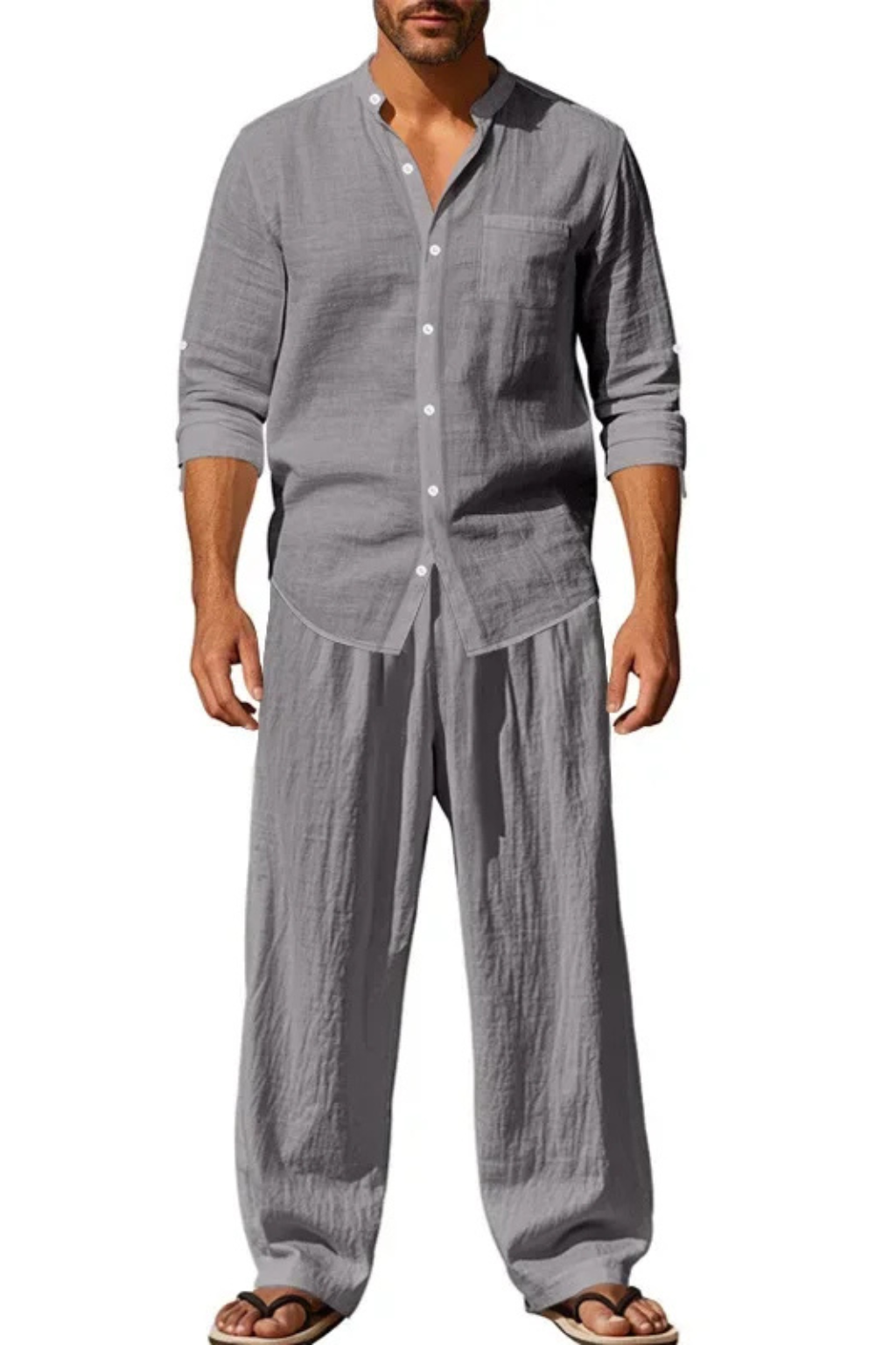 Liam | Men Grandad Collar Long Sleeve Linen Shirt and Straight Leg Trousers Set