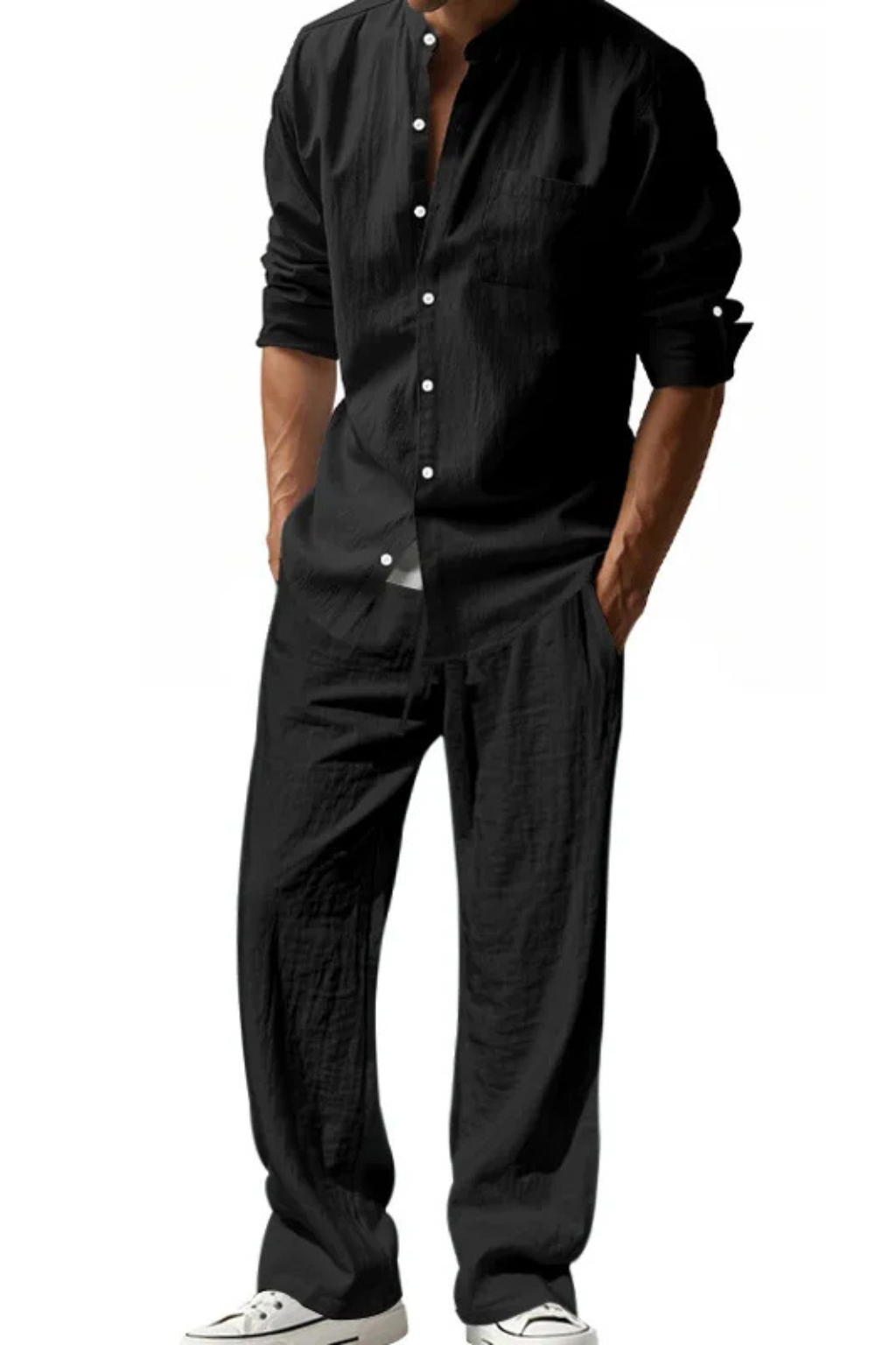 Liam | Men Grandad Collar Long Sleeve Linen Shirt and Straight Leg Trousers Set