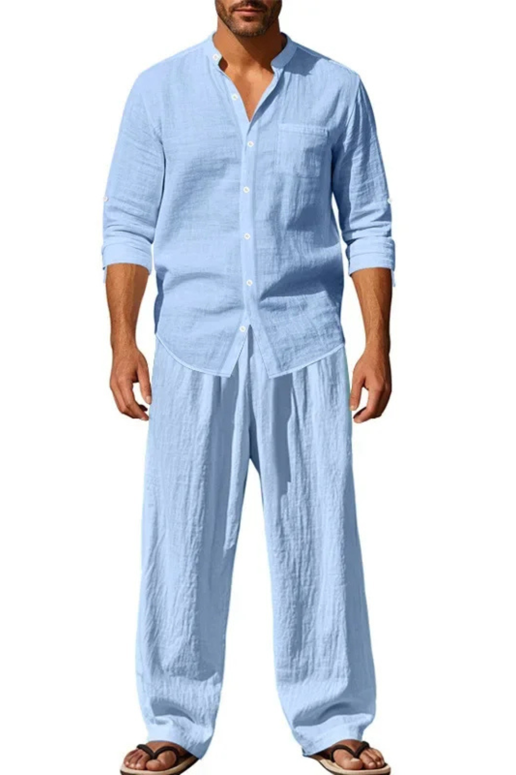 Liam | Men Grandad Collar Long Sleeve Linen Shirt and Straight Leg Trousers Set