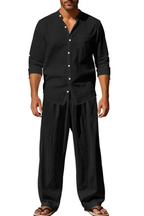 Liam | Men Grandad Collar Long Sleeve Linen Shirt and Straight Leg Trousers Set