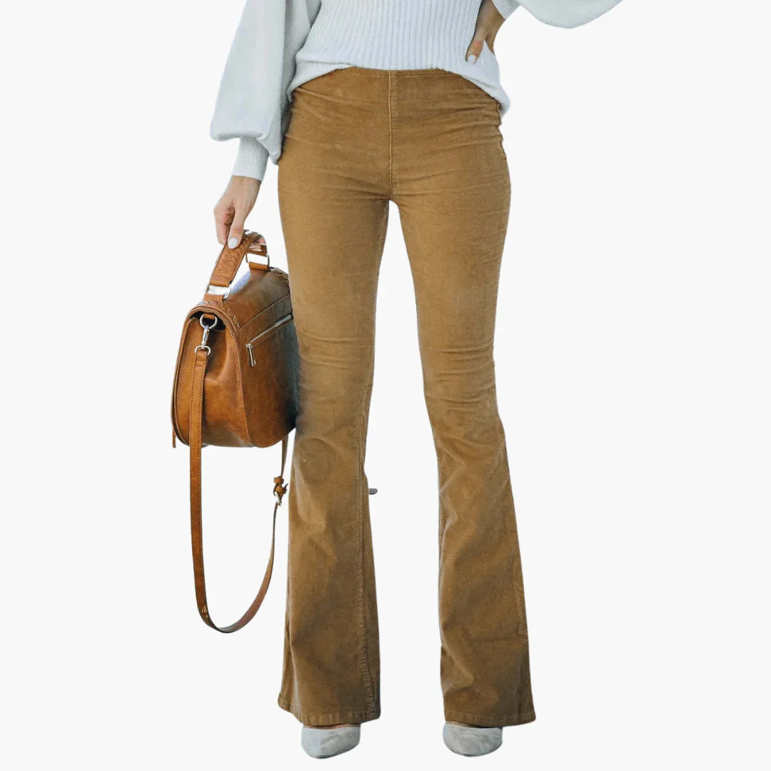 Women's Flared Corduroy Pants - High Waist Vintage Style - Elcevi