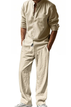 Liam | Men Grandad Collar Long Sleeve Linen Shirt and Straight Leg Trousers Set