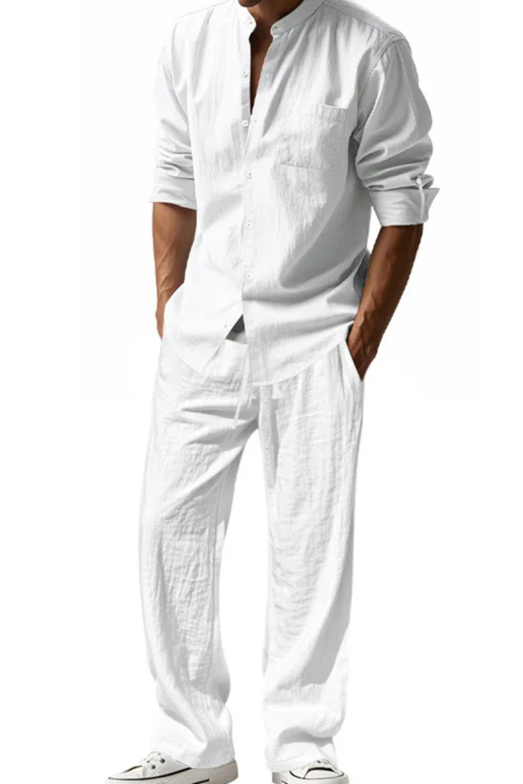 Liam | Men Grandad Collar Long Sleeve Linen Shirt and Straight Leg Trousers Set