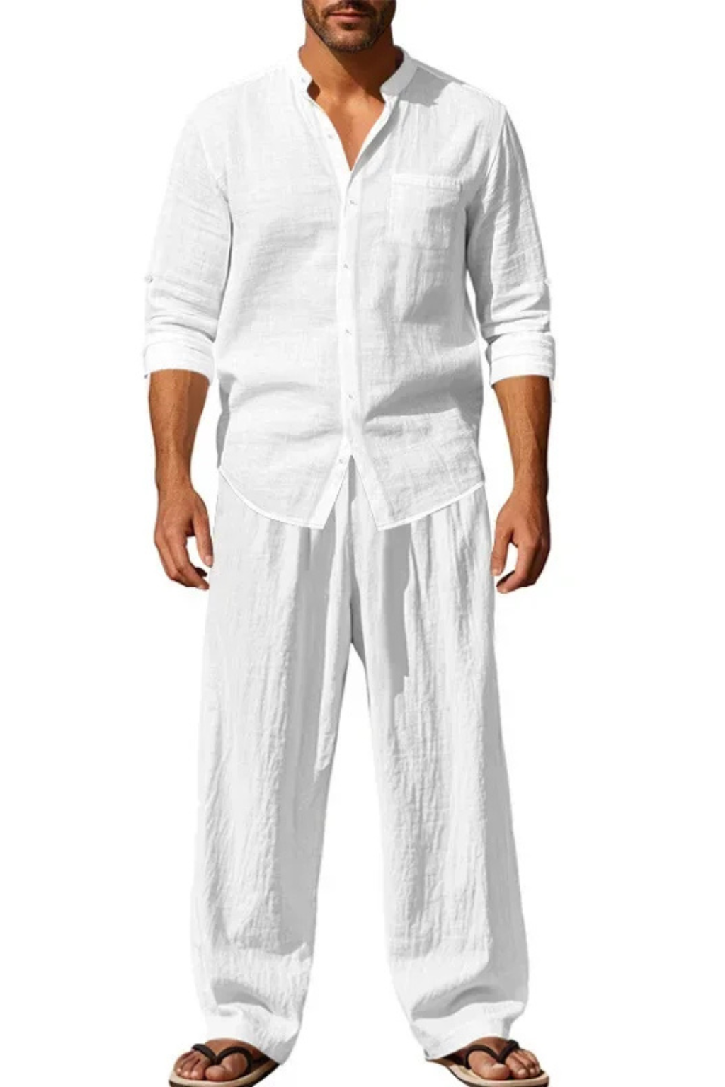 Liam | Men Grandad Collar Long Sleeve Linen Shirt and Straight Leg Trousers Set