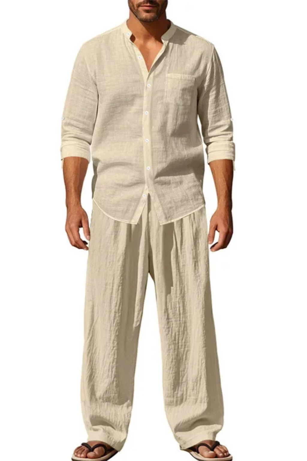 Liam | Men Grandad Collar Long Sleeve Linen Shirt and Straight Leg Trousers Set