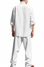 Liam | Men Grandad Collar Long Sleeve Linen Shirt and Straight Leg Trousers Set