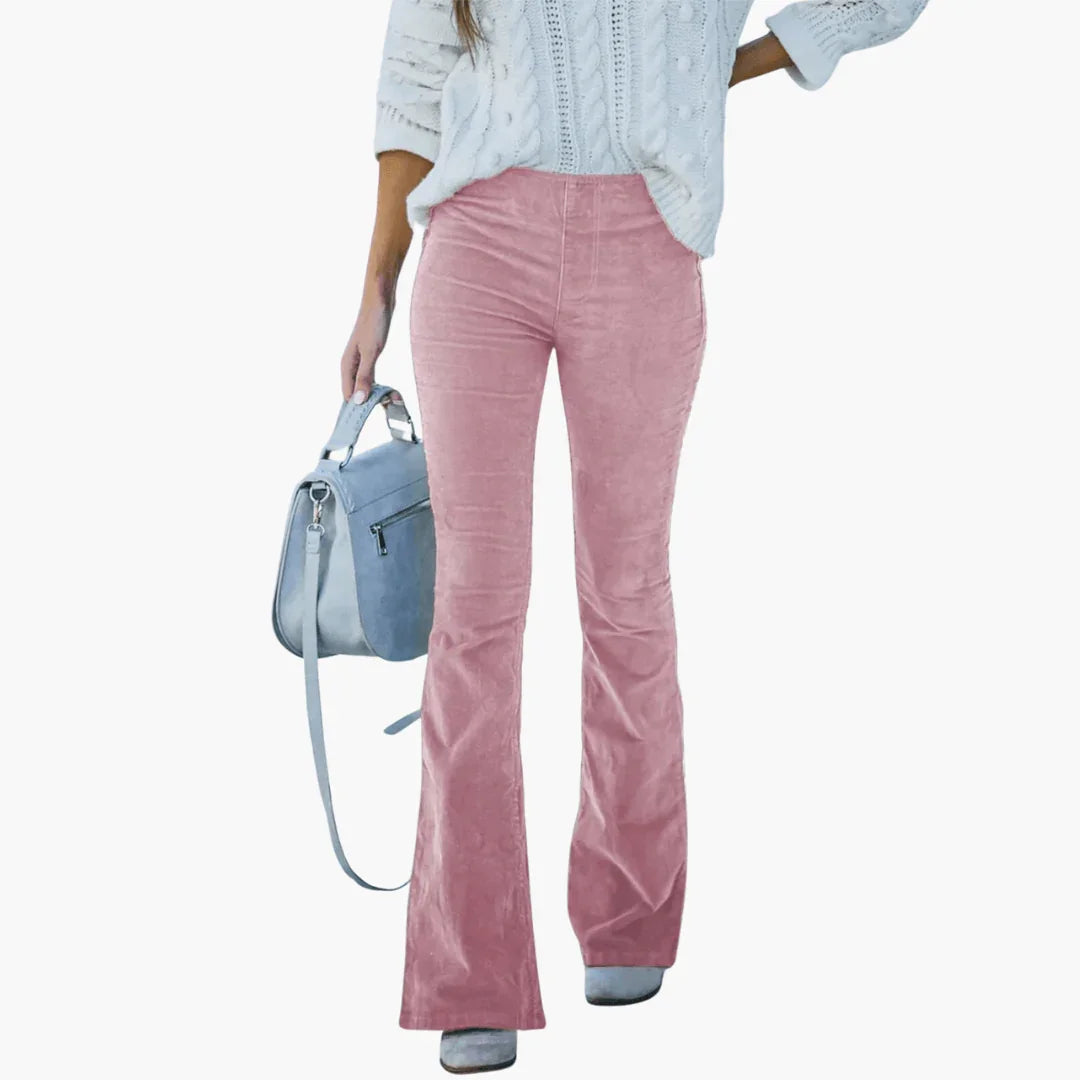 Women's Flared Corduroy Pants - High Waist Vintage Style - Elcevi