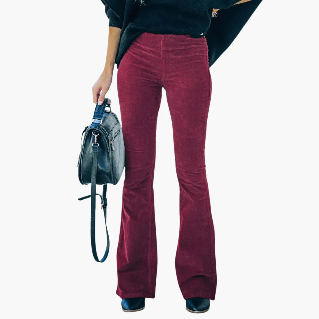 Women's Flared Corduroy Pants - High Waist Vintage Style - Elcevi