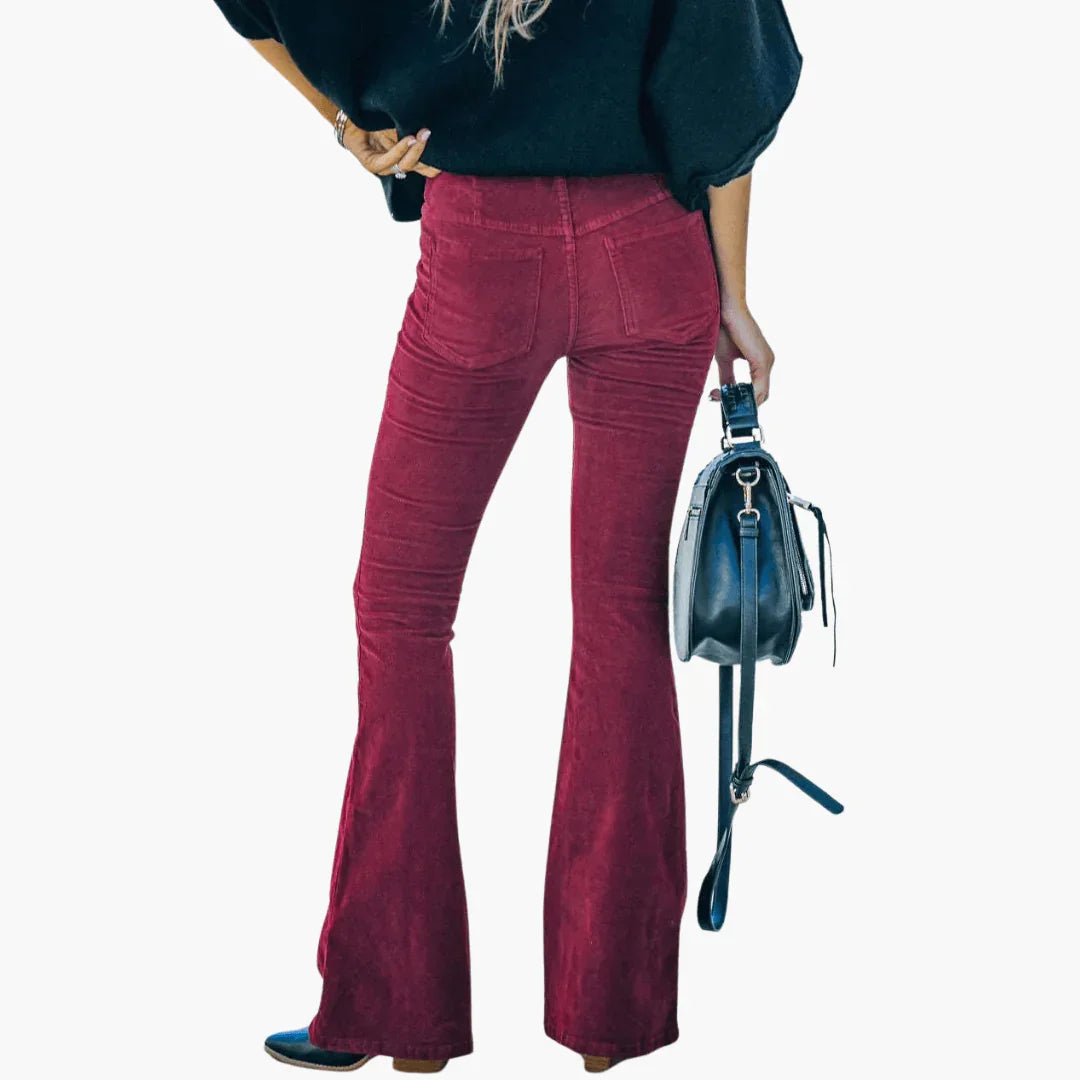 Women's Flared Corduroy Pants - High Waist Vintage Style - Elcevi