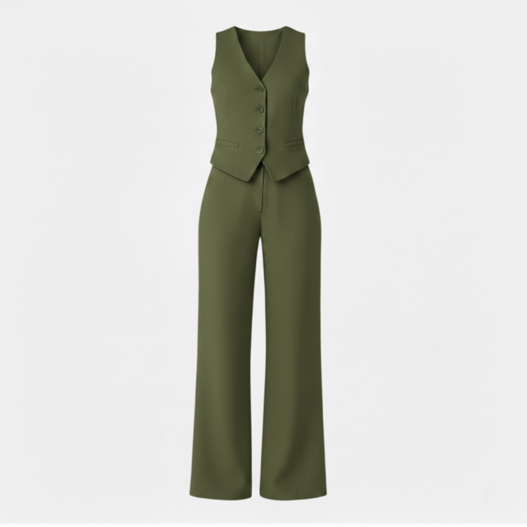 Lia | Women's Sleeveless V-Neck Waistcoat and High Waist Wide Leg Trouser Two Piece Set