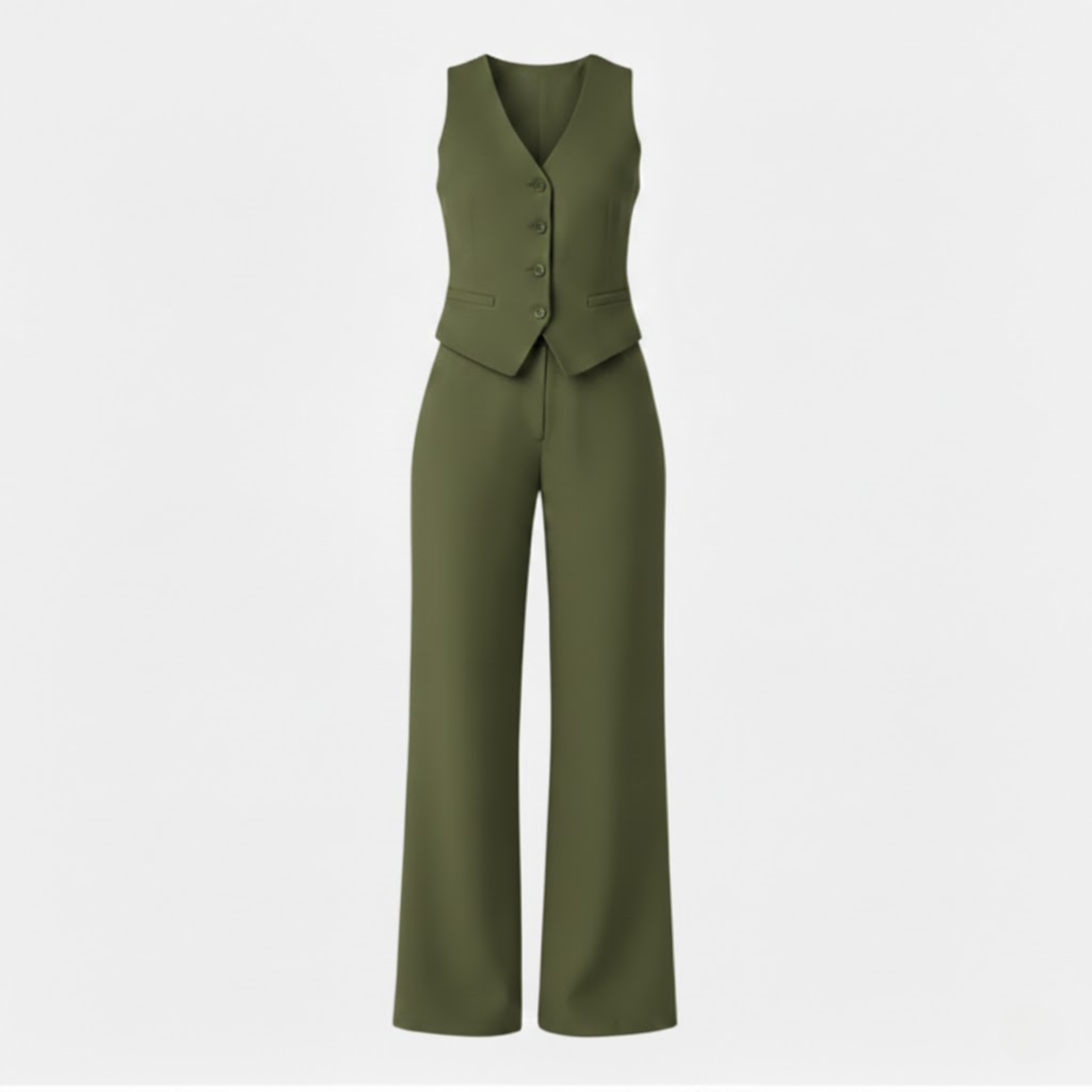 Lia | Women's Sleeveless V-Neck Waistcoat and High Waist Wide Leg Trouser Two Piece Set