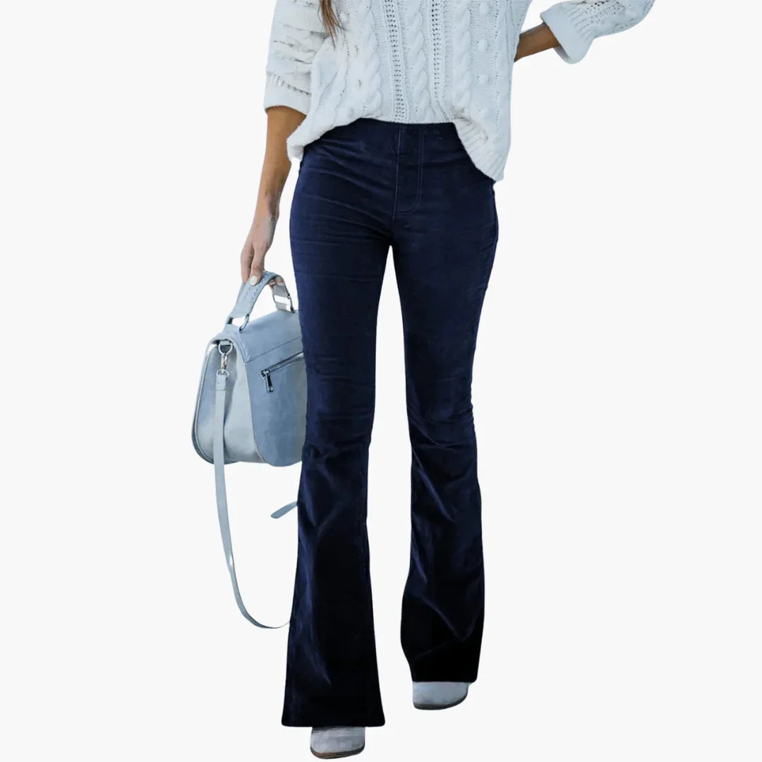 Women's Flared Corduroy Pants - High Waist Vintage Style - Elcevi