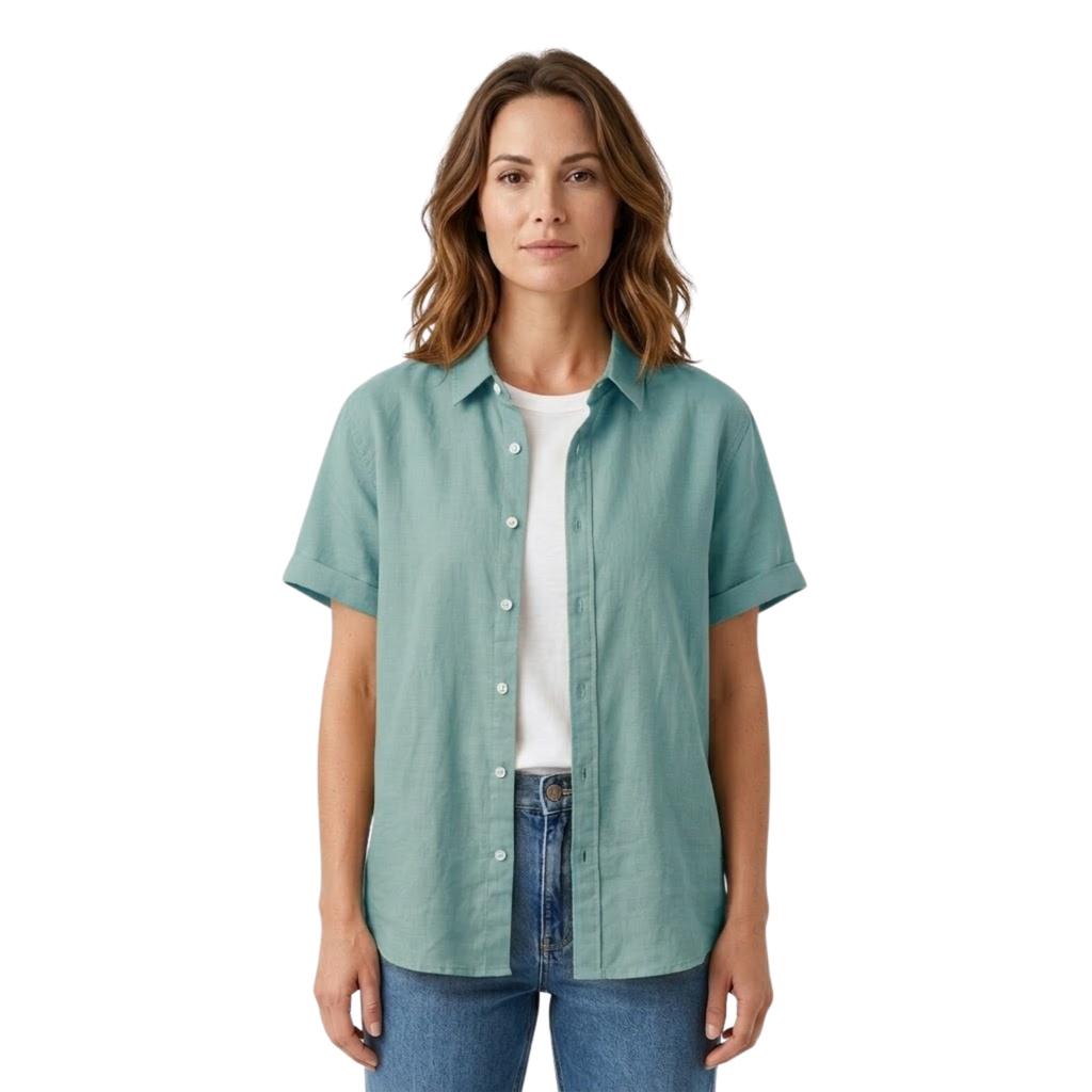 Lia | Women's Short Sleeve Cotton Blend Shirt Button Down Collared Blouse Relaxed Fit