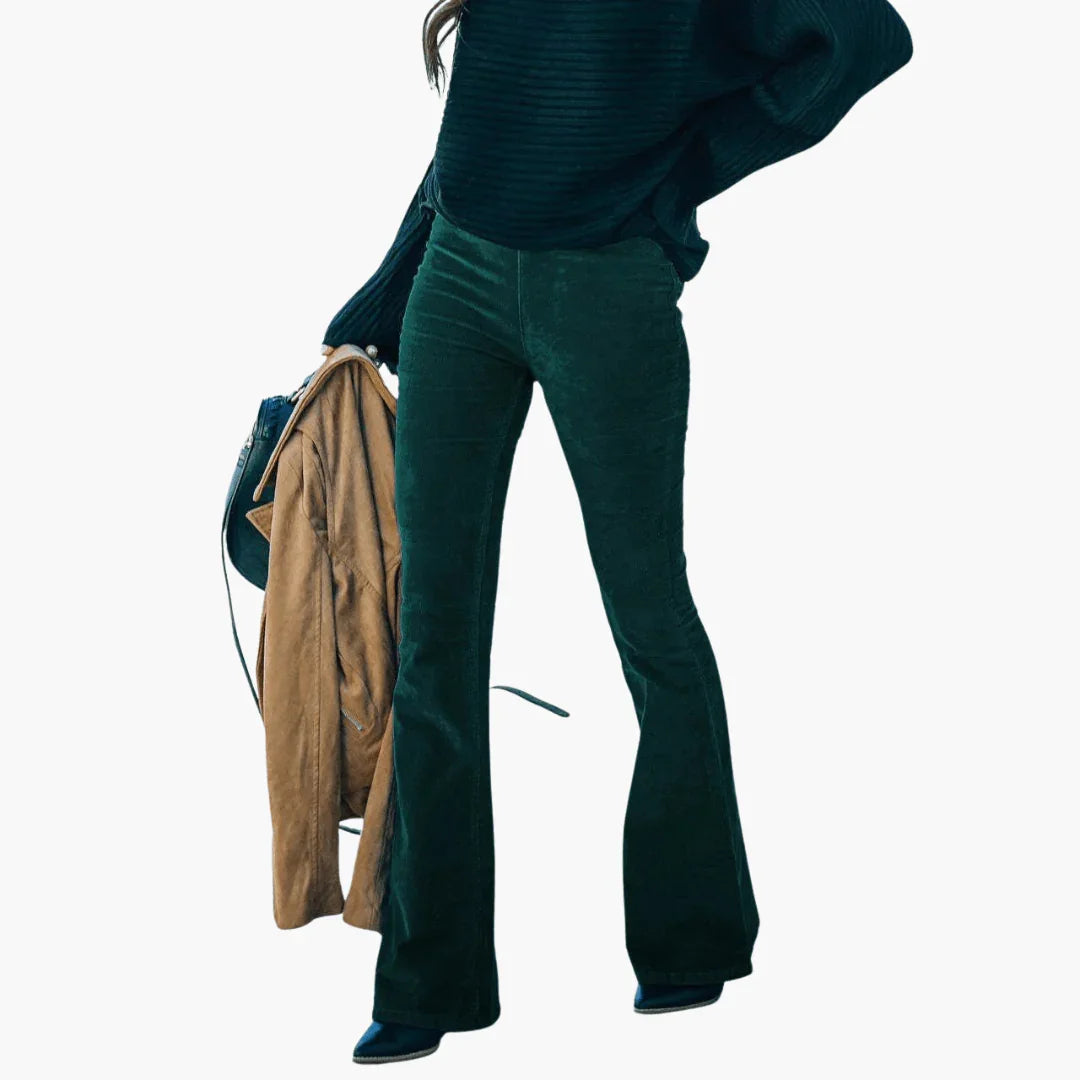 Women's Flared Corduroy Pants - High Waist Vintage Style - Elcevi
