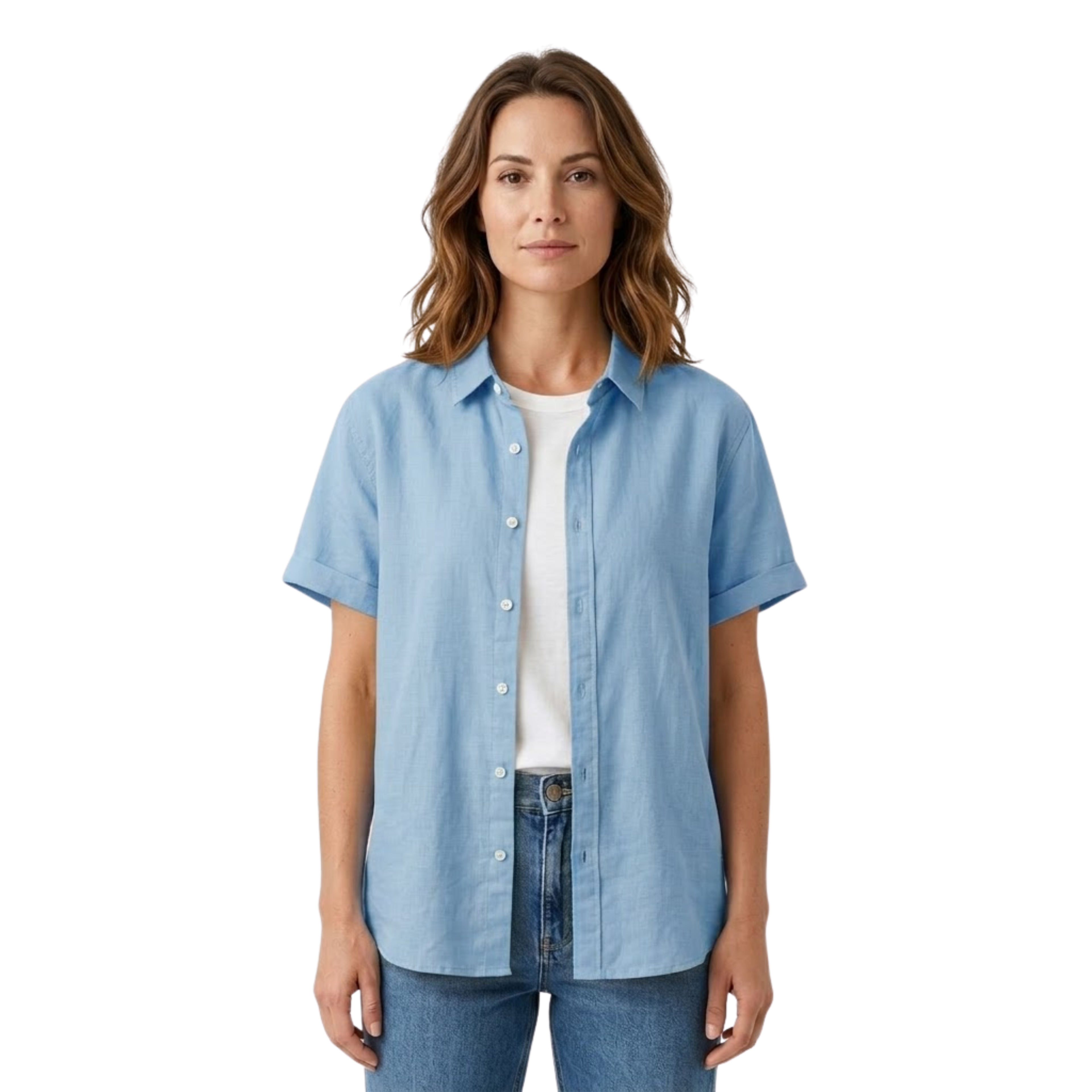 Lia | Women's Short Sleeve Cotton Blend Shirt Button Down Collared Blouse Relaxed Fit