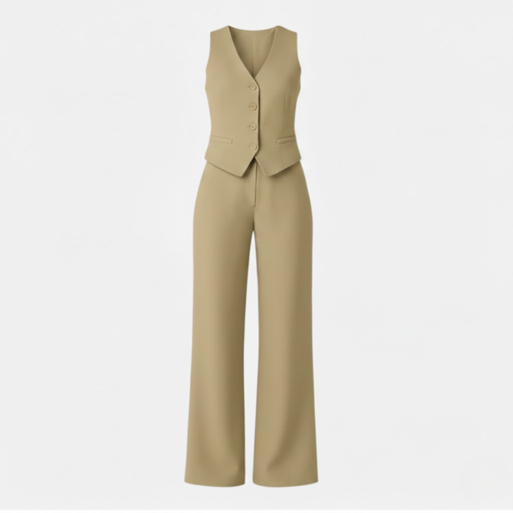 Lia | Women's Sleeveless V-Neck Waistcoat and High Waist Wide Leg Trouser Two Piece Set
