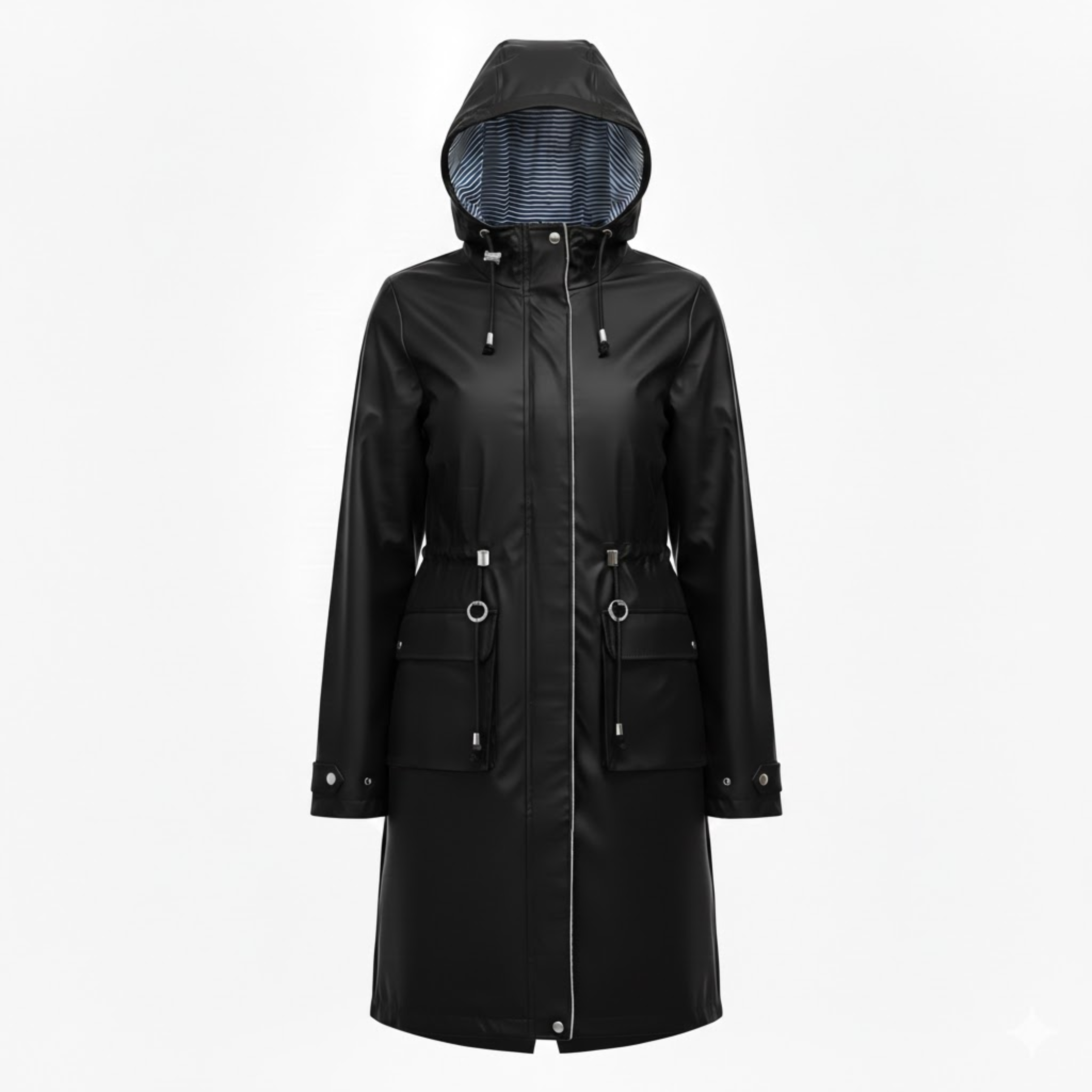 Lia | Women's Hooded Long Trench Coat Zipper Closure Full Sleeve Canvas Jacket with Pockets