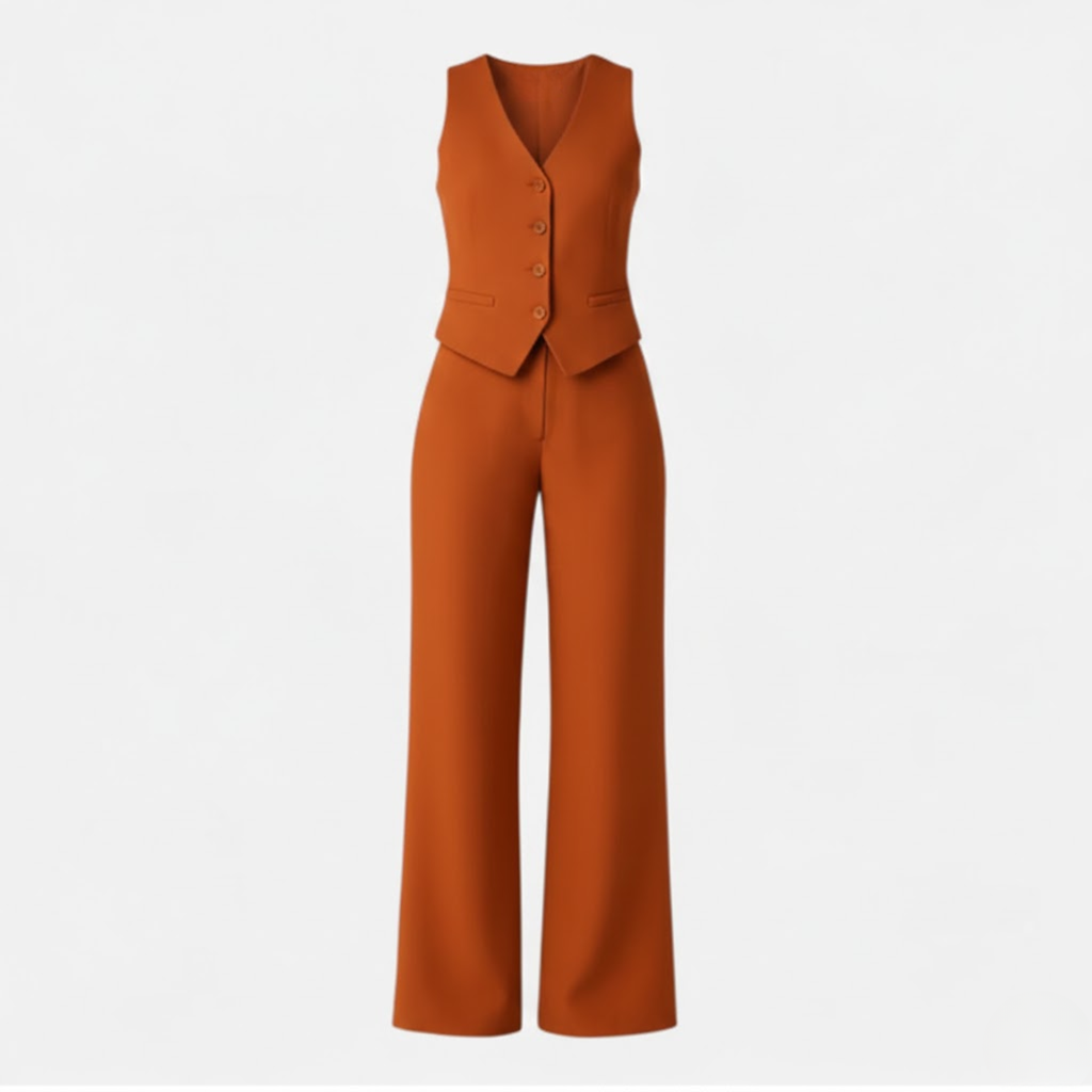 Lia | Women's Sleeveless V-Neck Waistcoat and High Waist Wide Leg Trouser Two Piece Set