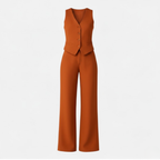 Lia | Women's Sleeveless V-Neck Waistcoat and High Waist Wide Leg Trouser Two Piece Set