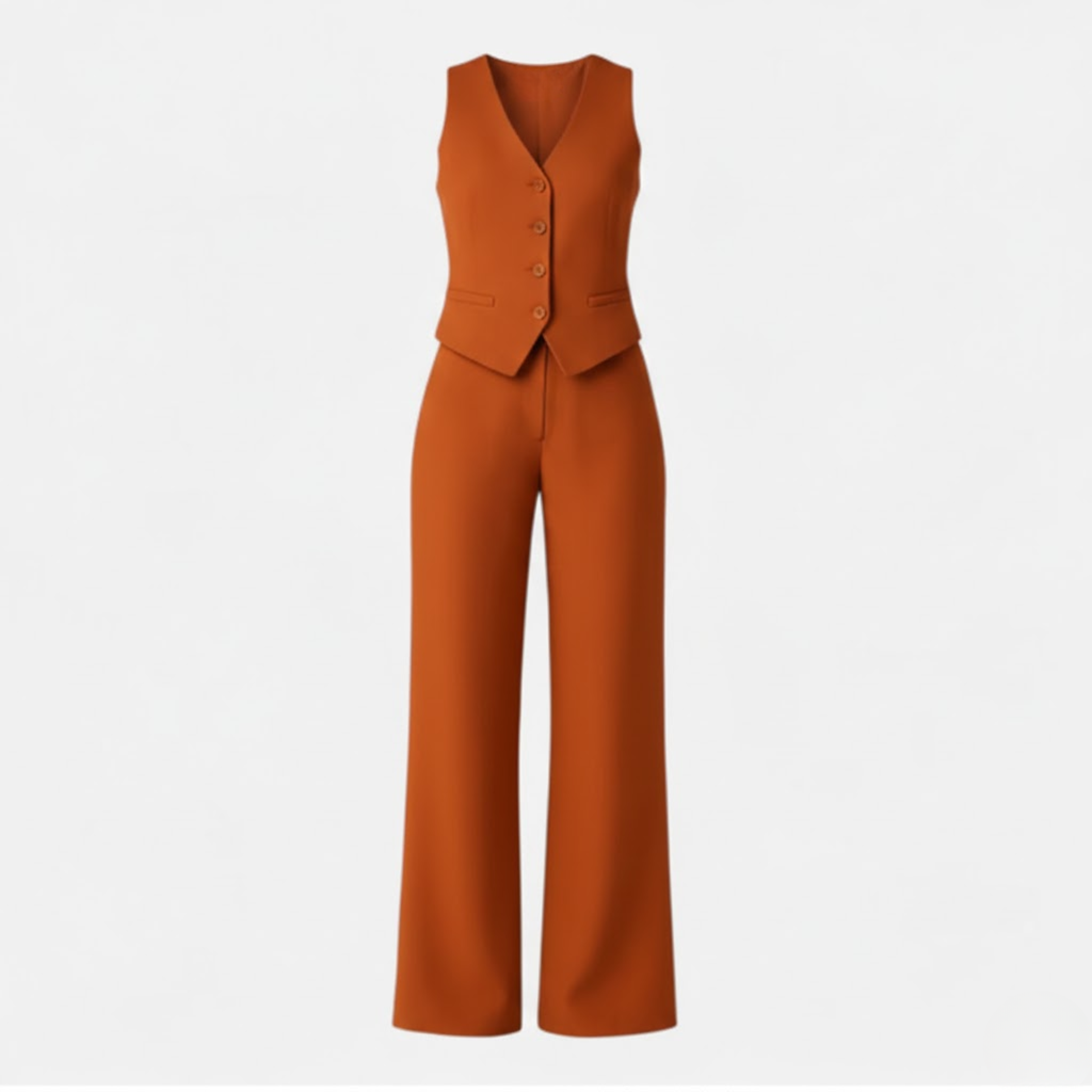 Lia | Women's Sleeveless V-Neck Waistcoat and High Waist Wide Leg Trouser Two Piece Set