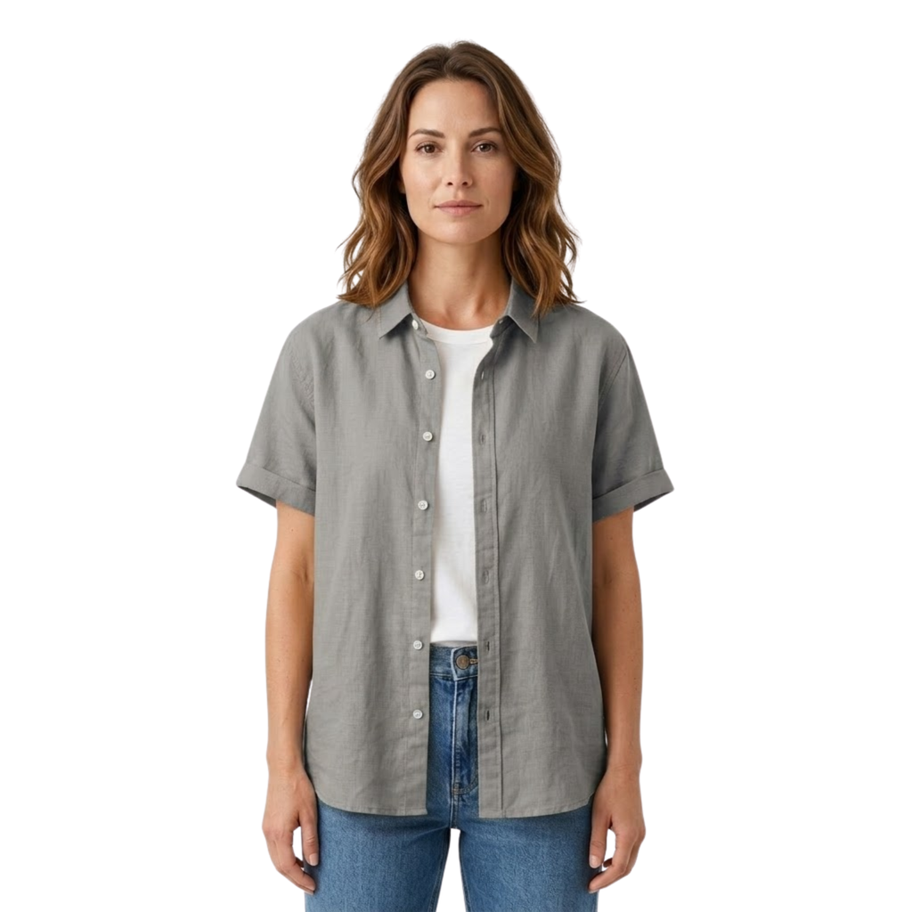 Lia | Women's Short Sleeve Cotton Blend Shirt Button Down Collared Blouse Relaxed Fit