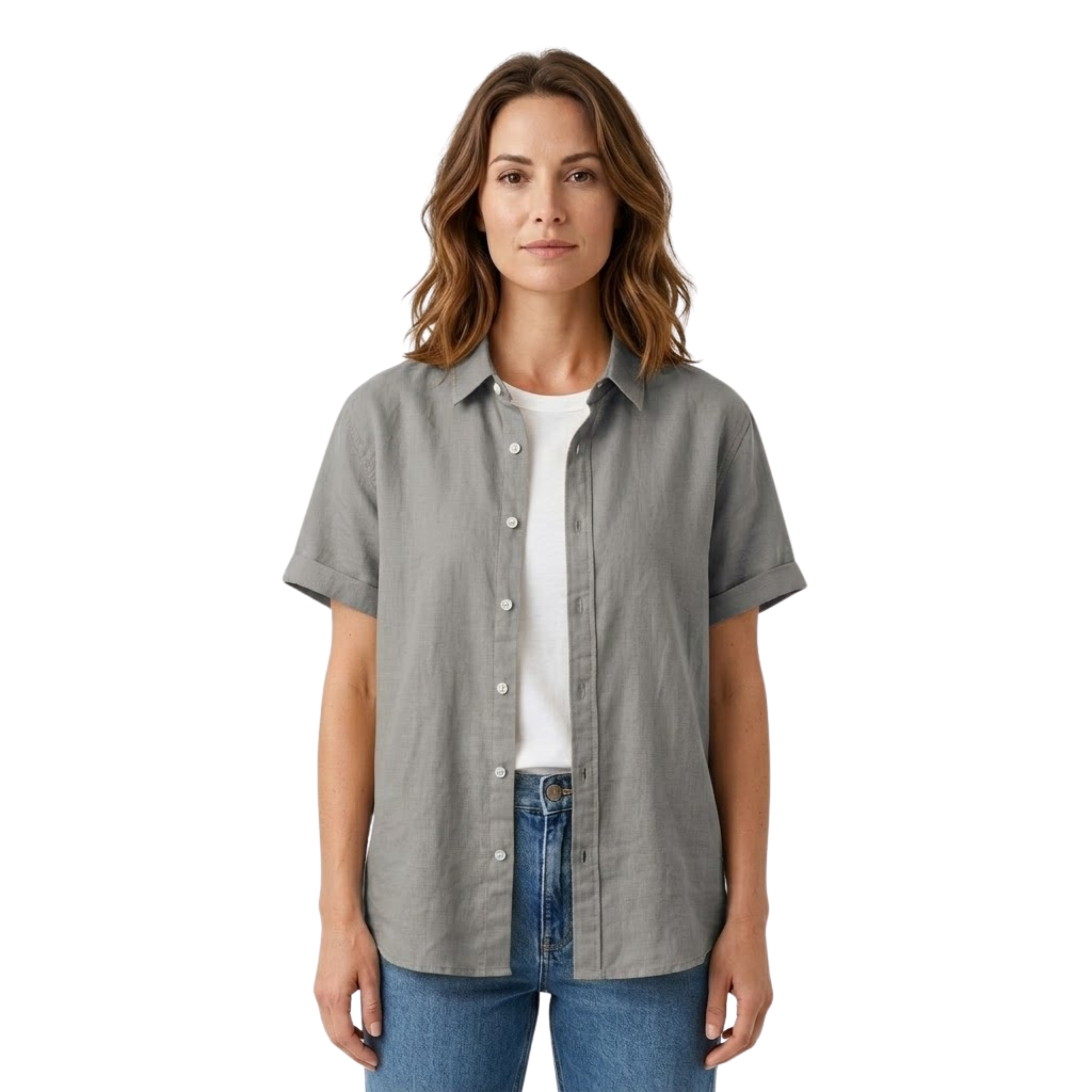 Lia | Women's Short Sleeve Cotton Blend Shirt Button Down Collared Blouse Relaxed Fit