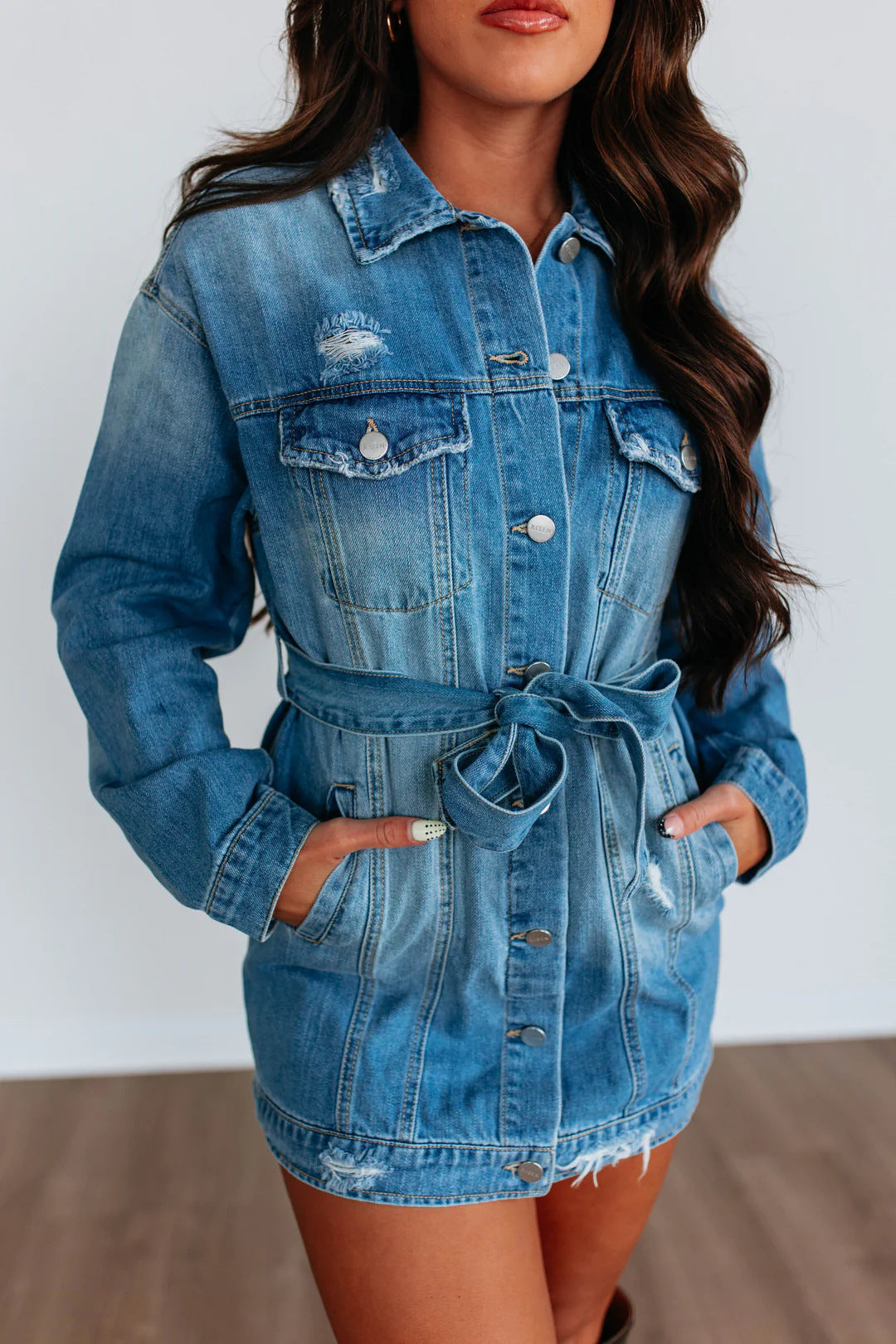 The Yasmina Elisa Casual Denim Belted Jacket Dress