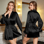 Women's Satin Look Kimono with Tie Belt and Feather Details | Veronique