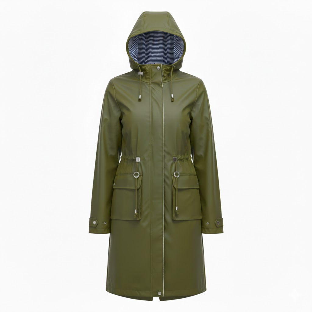 Lia | Women's Hooded Long Trench Coat Zipper Closure Full Sleeve Canvas Jacket with Pockets