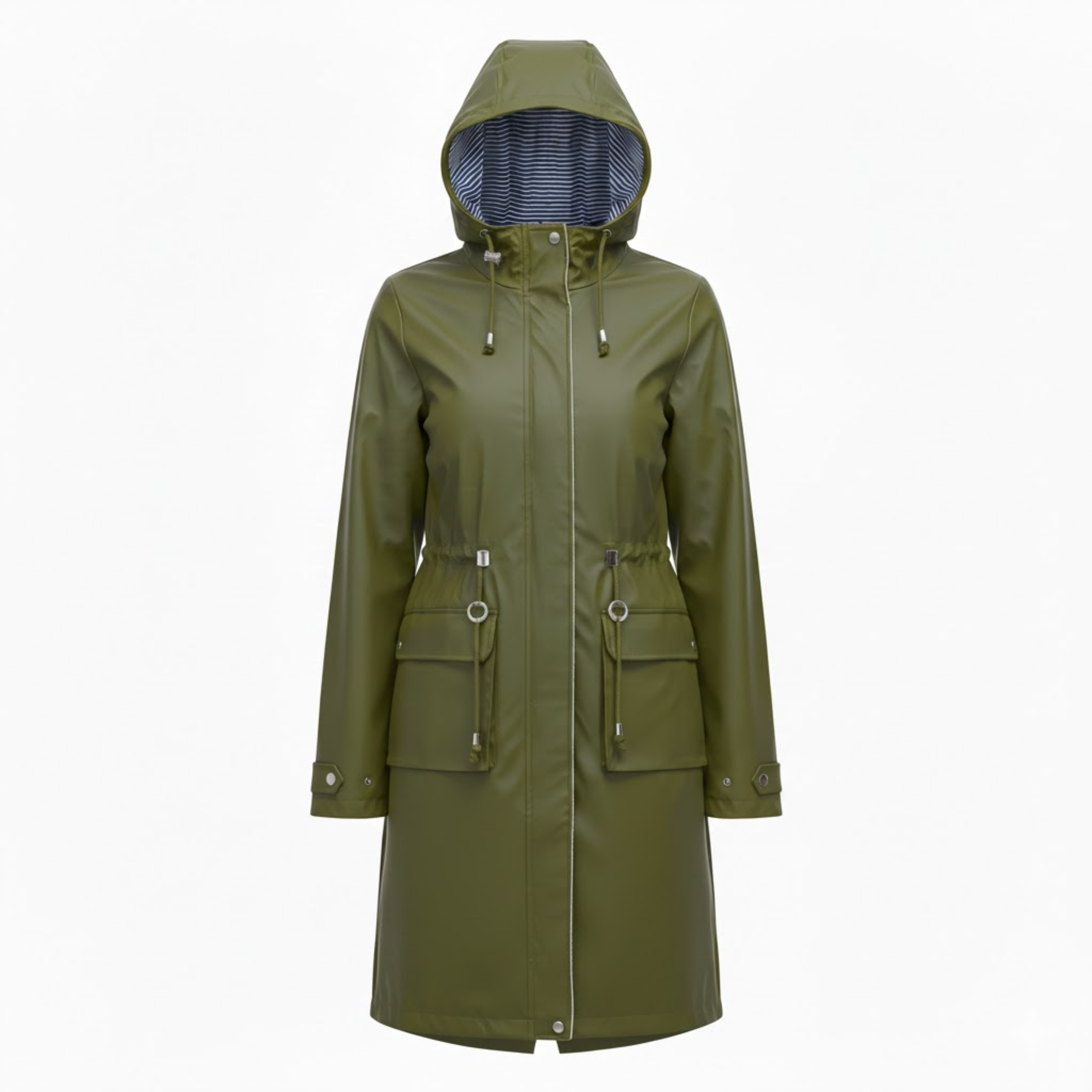 Lia | Women's Hooded Long Trench Coat Zipper Closure Full Sleeve Canvas Jacket with Pockets