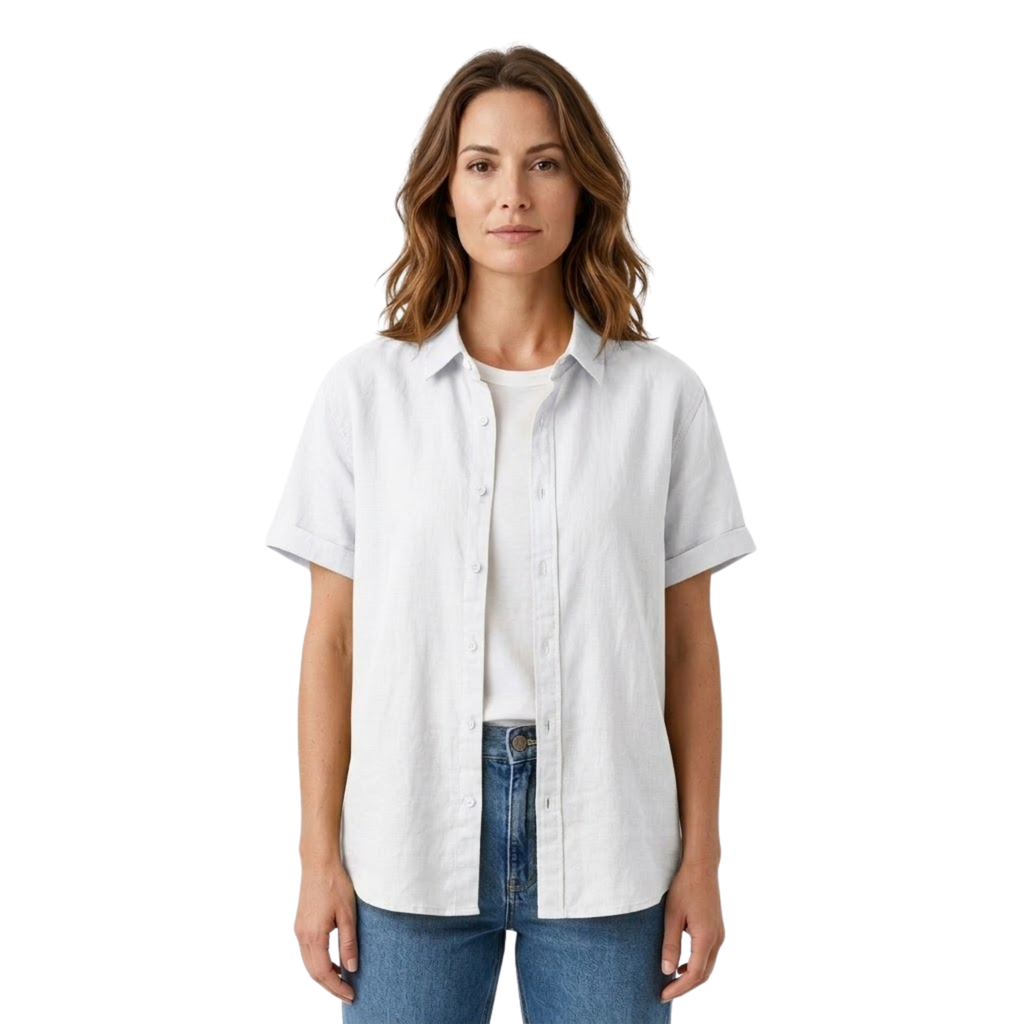 Lia | Women's Short Sleeve Cotton Blend Shirt Button Down Collared Blouse Relaxed Fit