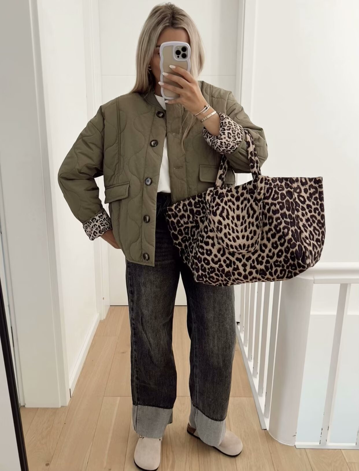 Uma | Luxury Mid-Length Jacket with Trendy Stitching - Leopard Print
