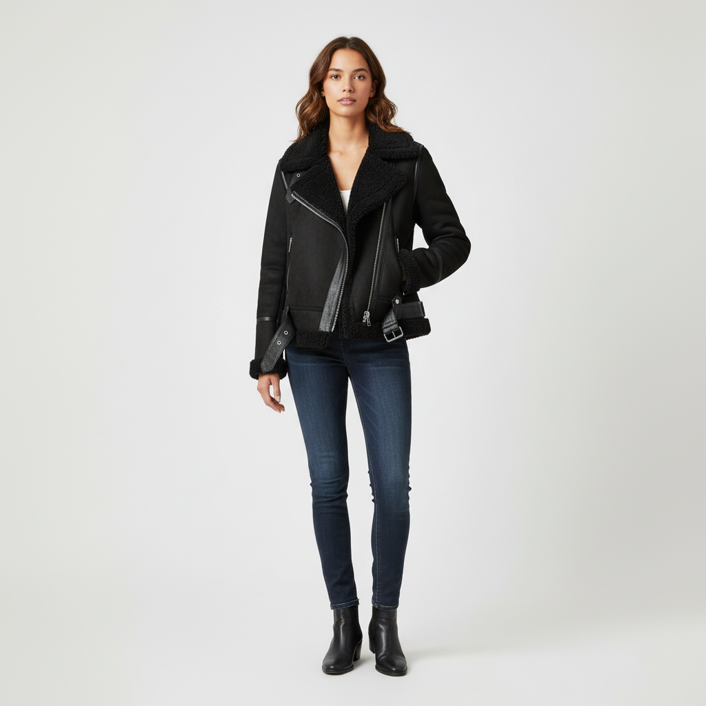 Biker Jacket with Teddy Lining for Women - Amy